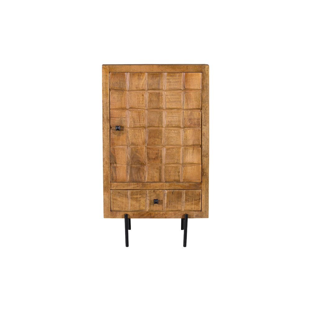 Highboard Jacky – Schrank aus Mangoholz mit geschnitztem Blockmuster & Metallgestell, 1 Tür & 1 Schublade, 60 x 40 x 103 cm