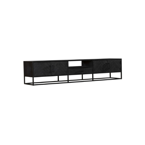 TV Board Sydney Schwarz – Lowboard aus Mangoholz & Metall mit Fischgrätmuster, 4 Türen, 1 Schublade & Fach, 240 x 45 x 50 cm