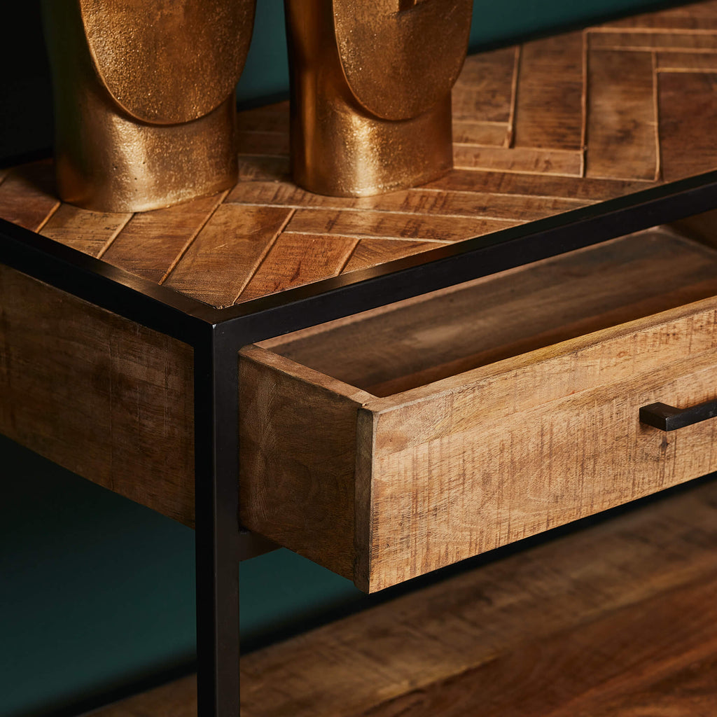 Beistelltisch Aloy – Mangoholz & Metall mit 2 Schubladen und Ablage, 120 x 35 x 76 cm, moderner Konsolentisch in Schwarz