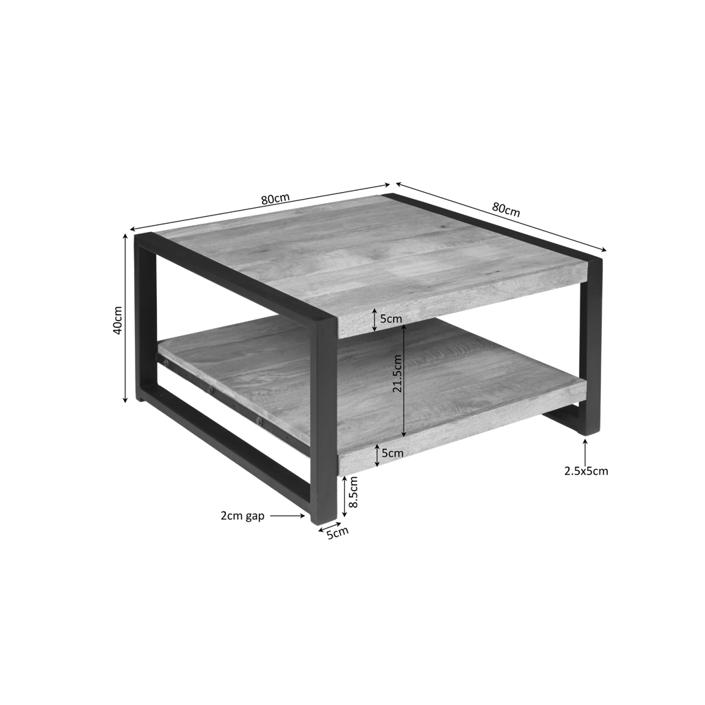 Couchtisch Bori 80x80x40 cm – Mangoholz mit Ablage & schwarzen Metallbeinen