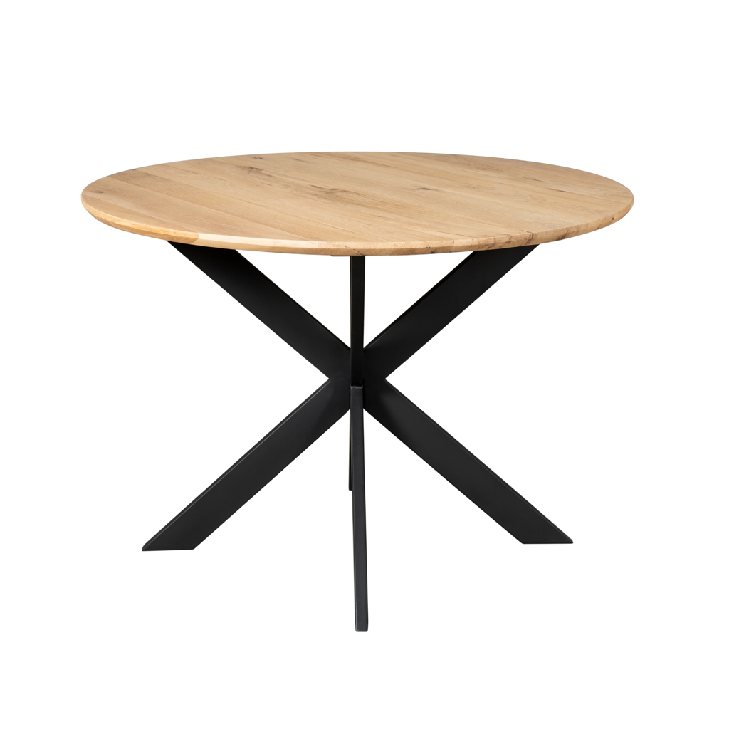 Esstisch Evoque Natur – runde FSC-Eiche Ø110 cm, 3 cm Platte mit Schweizer Kante, Gestell in Schwarz