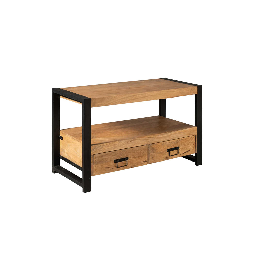 TV-Board Bori – Lowboard aus Mangoholz mit Metallrahmen, 2 Schubladen & offenem Fach, 100 x 45 x 60