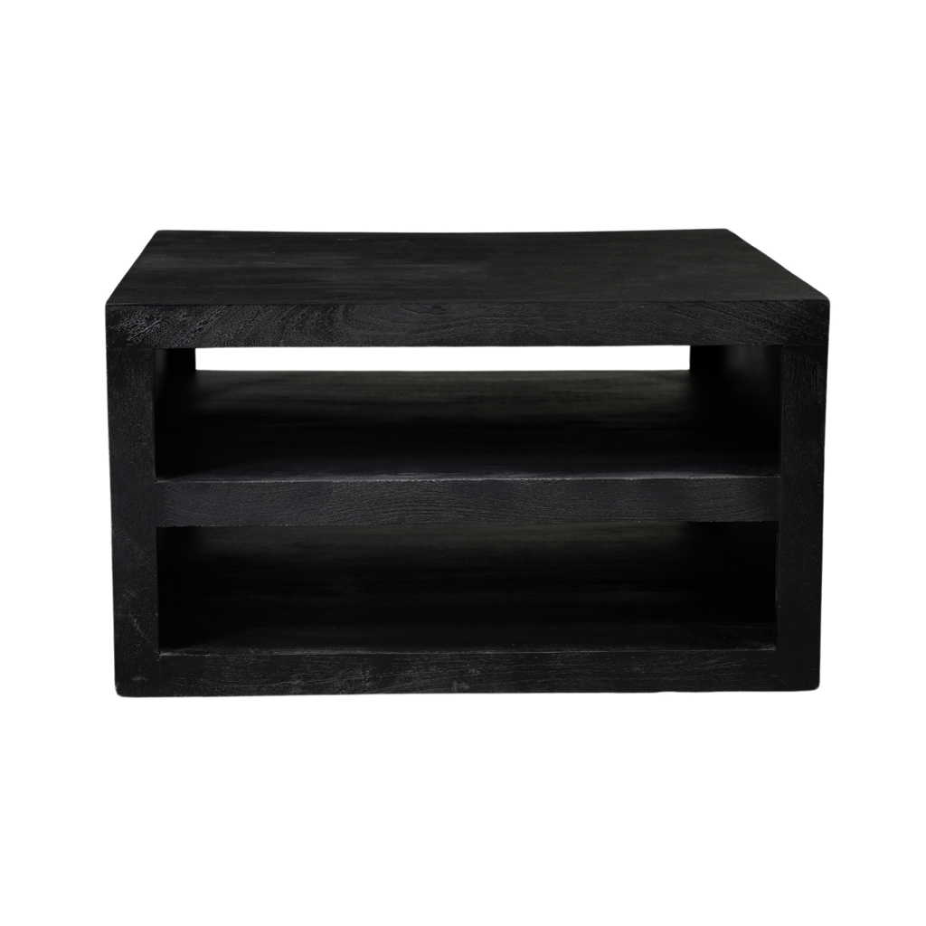 Couchtisch Bali Schwarz – Quadratischer Tisch aus Mangoholz mit schwarzer Oberfläche & Stauraum, 80 x 80 x 40 cm