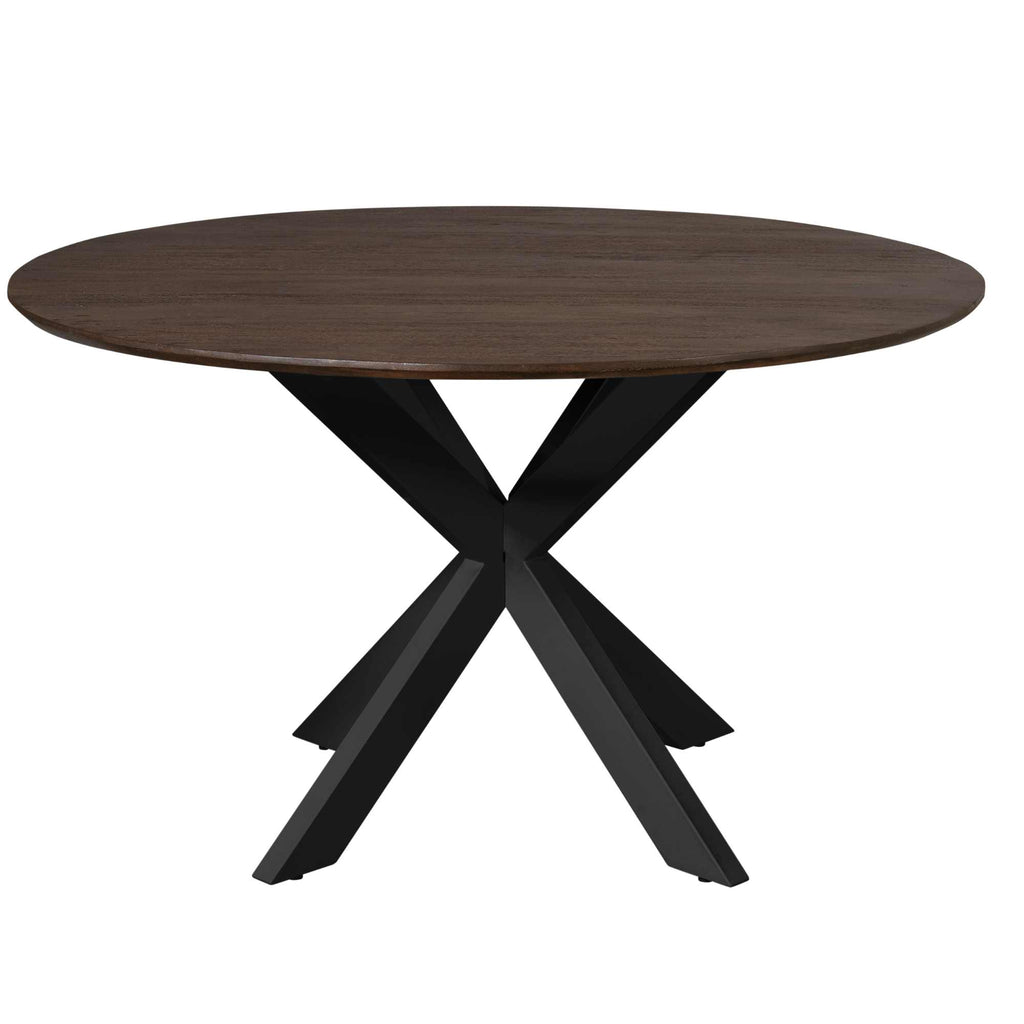 Esstisch Mandy Braun – runder Tisch aus Mangoholz mit schwarzem Metallgestell, Ø150 cm, Höhe 76 cm, modern & elegant