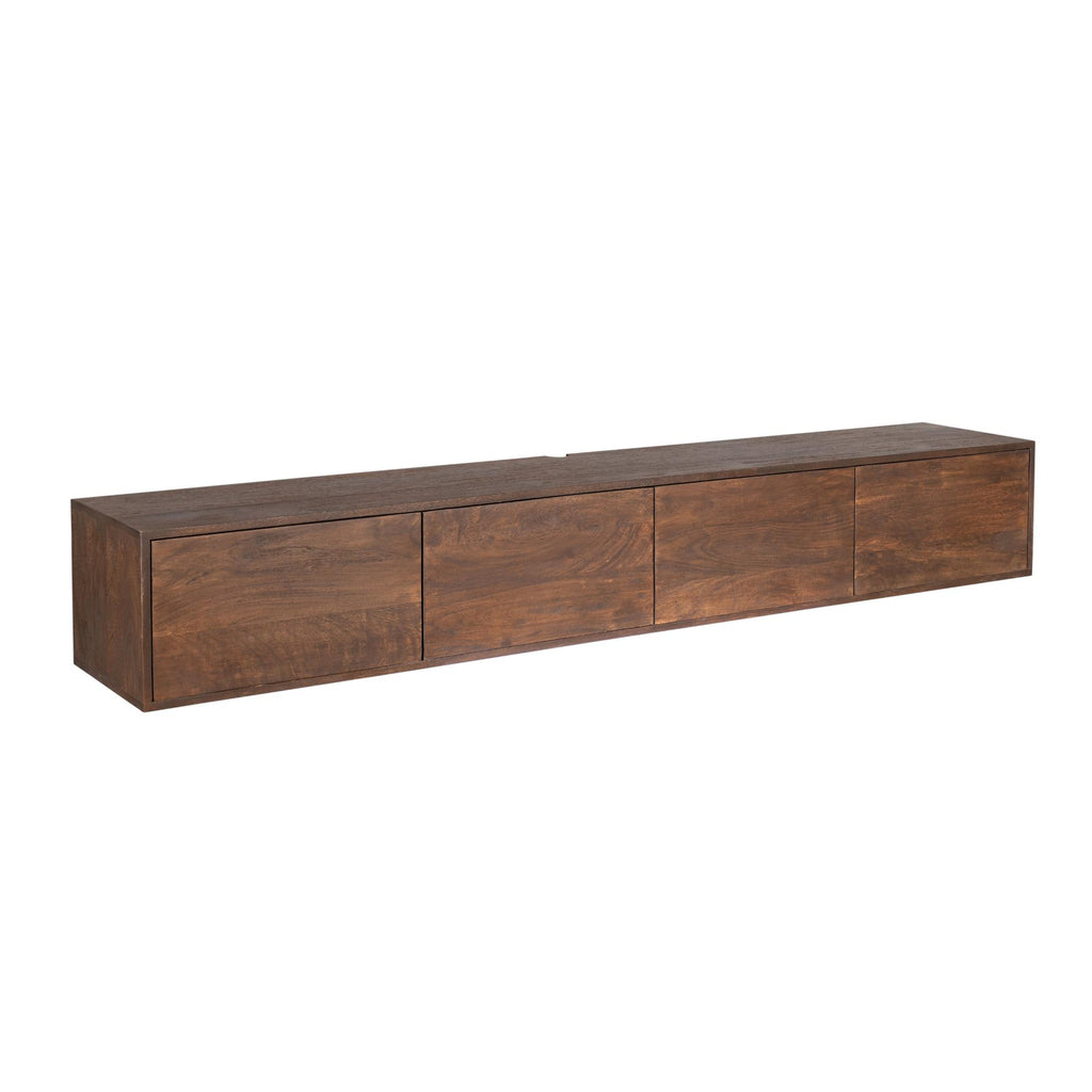 TV-Board Focus Braun – Schwebendes Lowboard aus Mangoholz mit Push-to-Open, 200 x 35 x 30 cm, modernes Wandmöbel