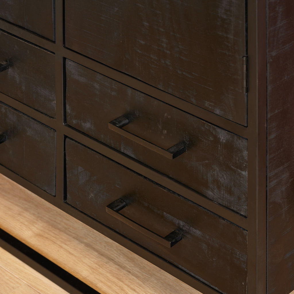 Bücherregal Delta Black 90x45x200 cm – Massiver Mangoholz Schrank mit 4 Schubladen, 2 Türen & Metallgestell in Schwarz
