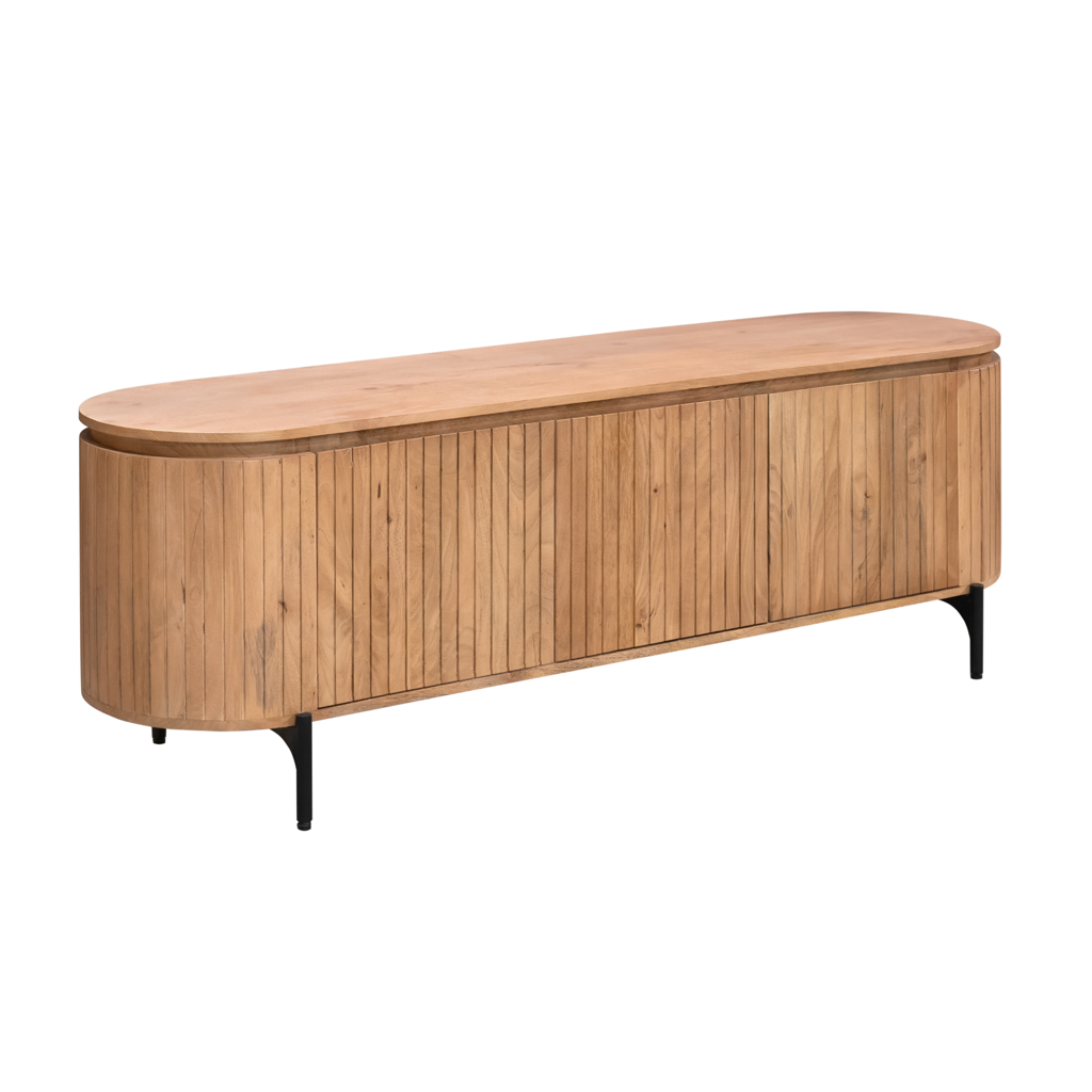 TV-Board Sole – Mangoholz mit vertikalem Lattenmuster, 3 Türen, 165 x 45 x 55 cm, Naturfarben