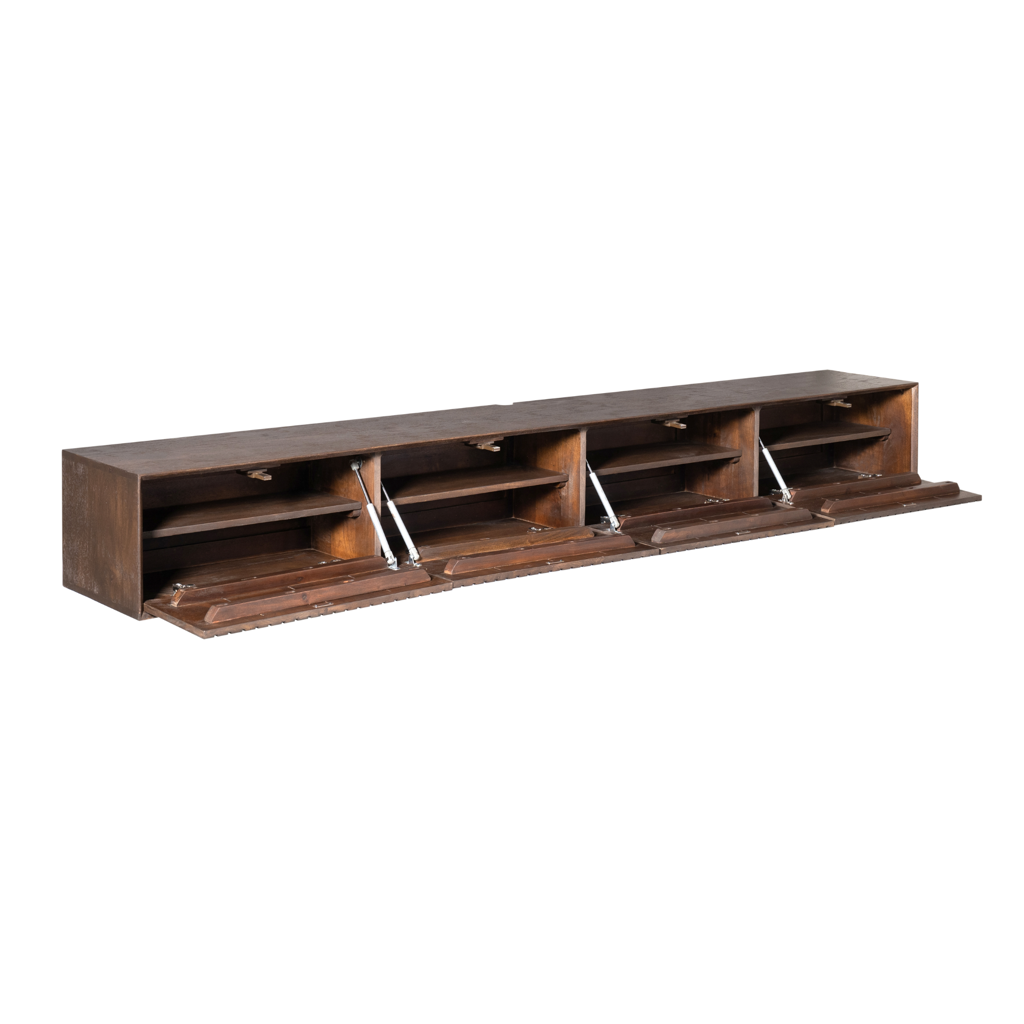 TV-Board Mandy Braun – schwebendes Lowboard aus Mangoholz mit Lamellen & Push-to-Open, 200 x 35 x 30 cm