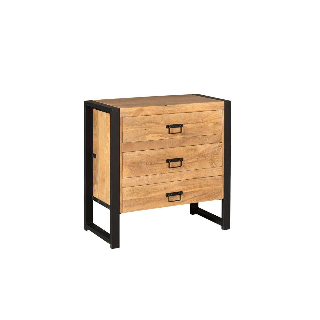 Kommode Bori – Mangoholz mit 3 Schubladen & schwarzem Metall, 80 x 40 x 80 cm