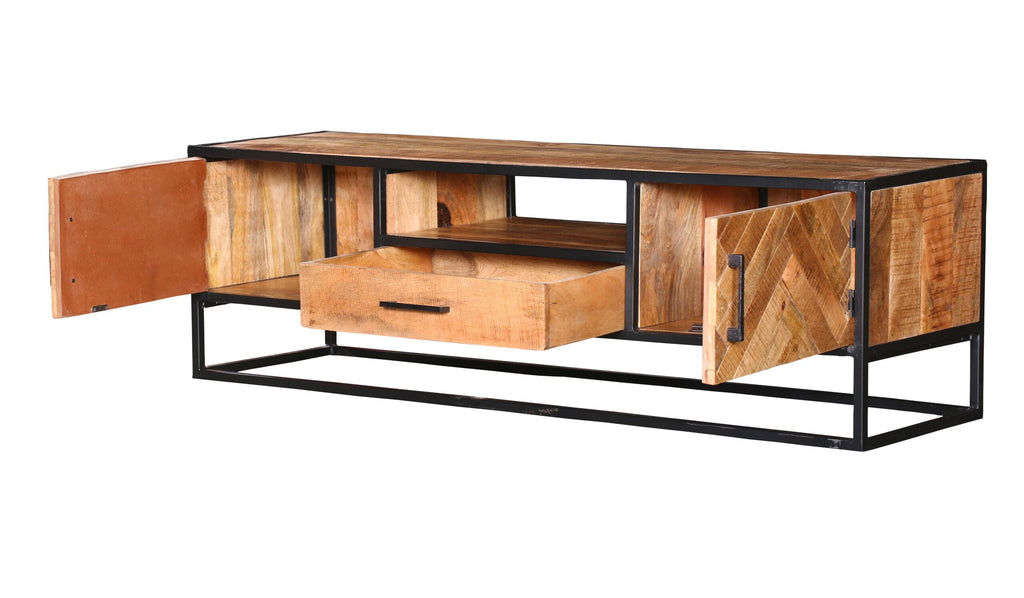 TV-Board Alora – Mangoholz & Metall, Fischgrätmuster, 145 x 45 x 50 cm