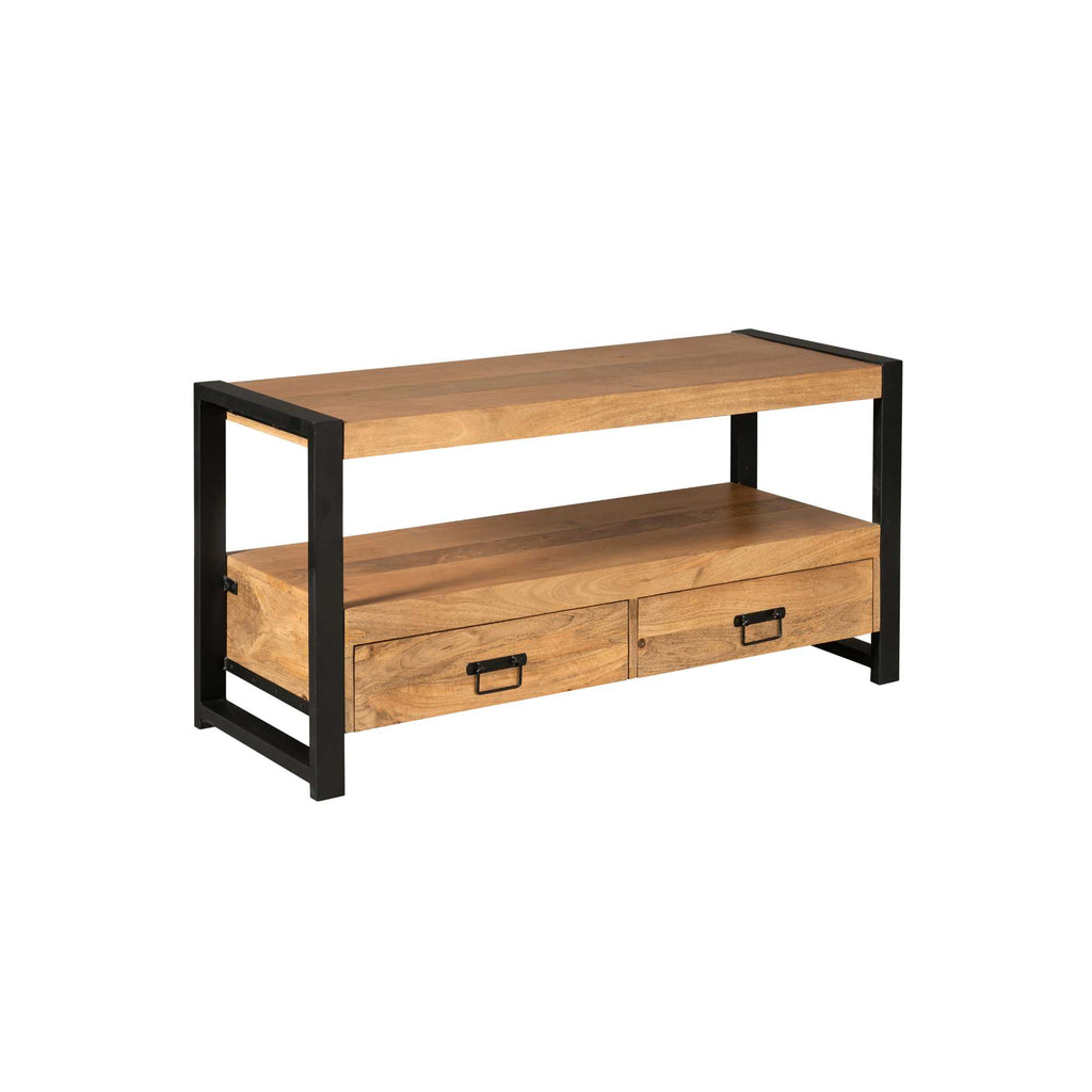 TV-Board Boaz – Lowboard aus Mangoholz mit schwarzen Lackstreifen, 2 Schubladen & offenem Fach, 120 x 45 x 60 cm