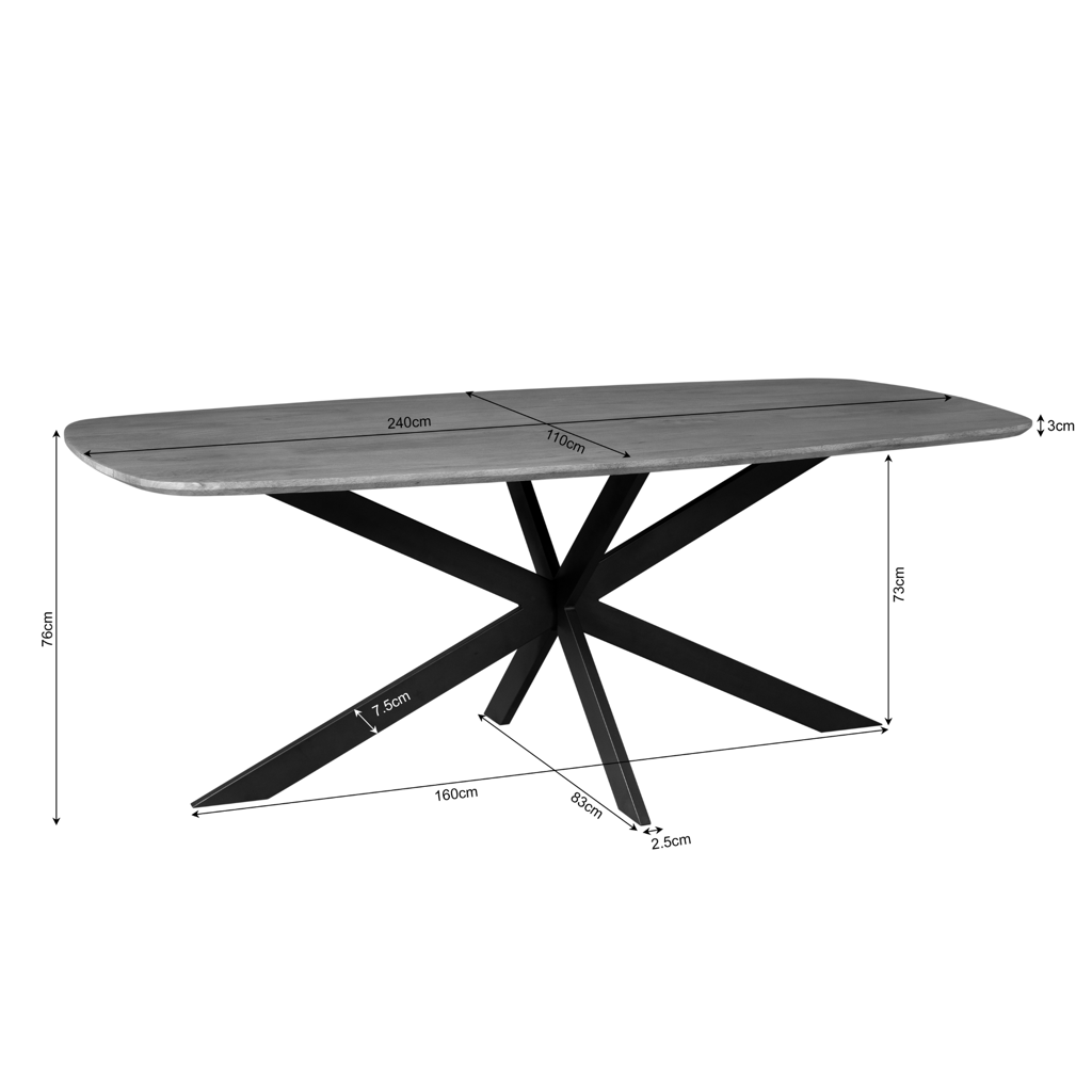 Esstisch Onyx Black – Mangoholz & Metall, 240 x 110 x 76 cm, schwarzes Finish, modernes Metallgestell