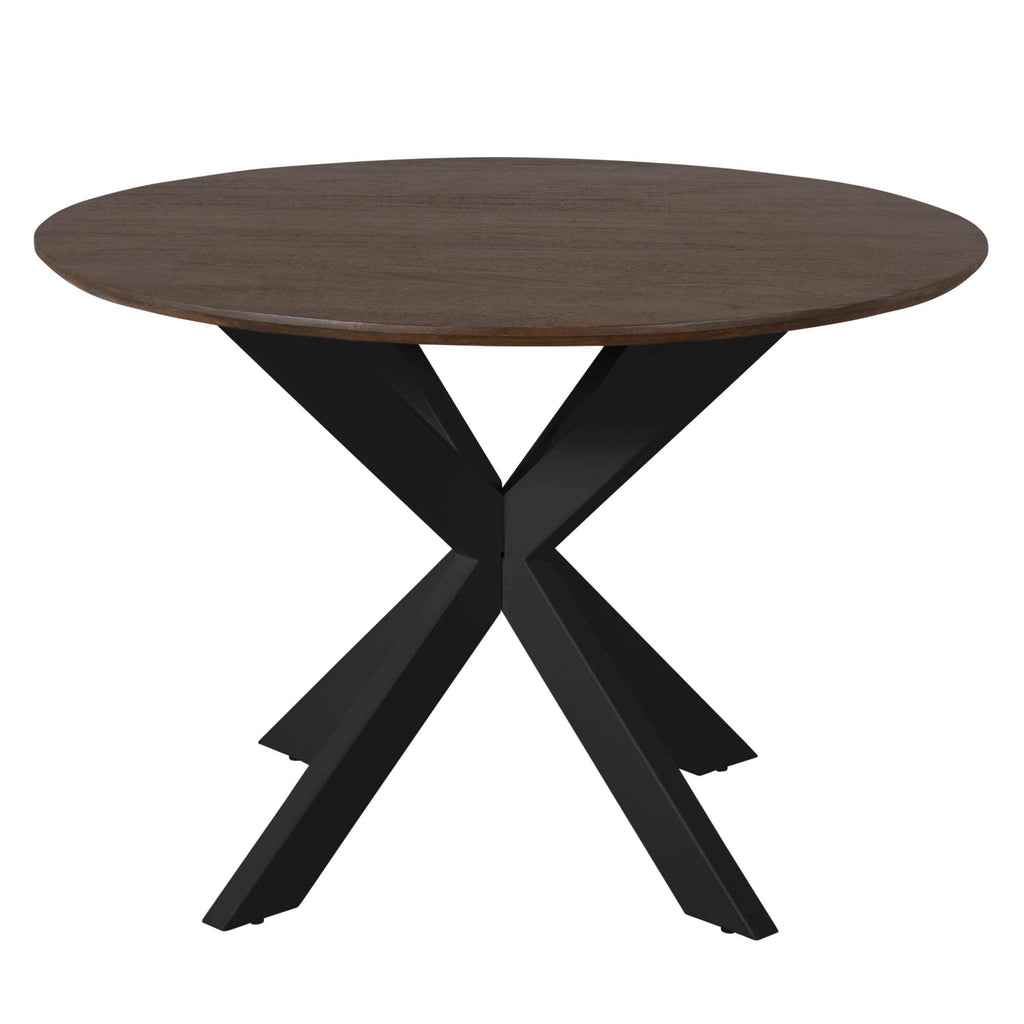 Esstisch Mandy Braun rund – Mangoholz & schwarzes Metall, Ø110 x 76 cm, modernes Design für stilvolle Essbereiche