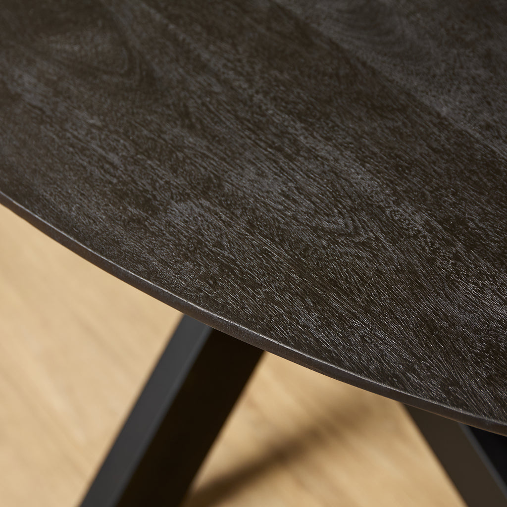 Esstisch Jacky Schwarz – Ovaler Mangoholztisch mit Metallgestell, 180 x 90 x 76 cm, moderne sandgestrahlte Tischplatte