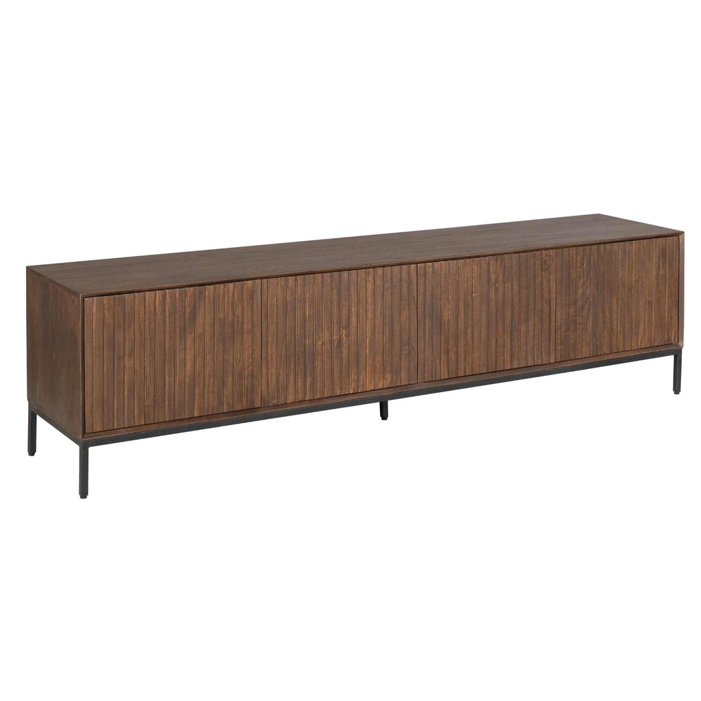 TV-Board Mandy Braun 210 x 45 x 55 cm – Mangoholz mit 4 Türen & Lattenmuster