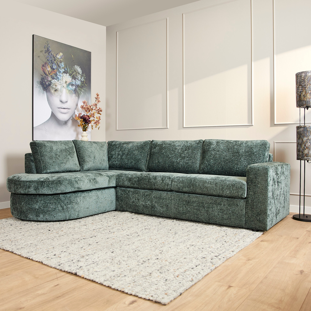 MeinLieblingsplatz Sofa Veronika – 2,5-Sitzer Couch mit Ottomane, Chenille Stoff Grün, 264 x 192 cm