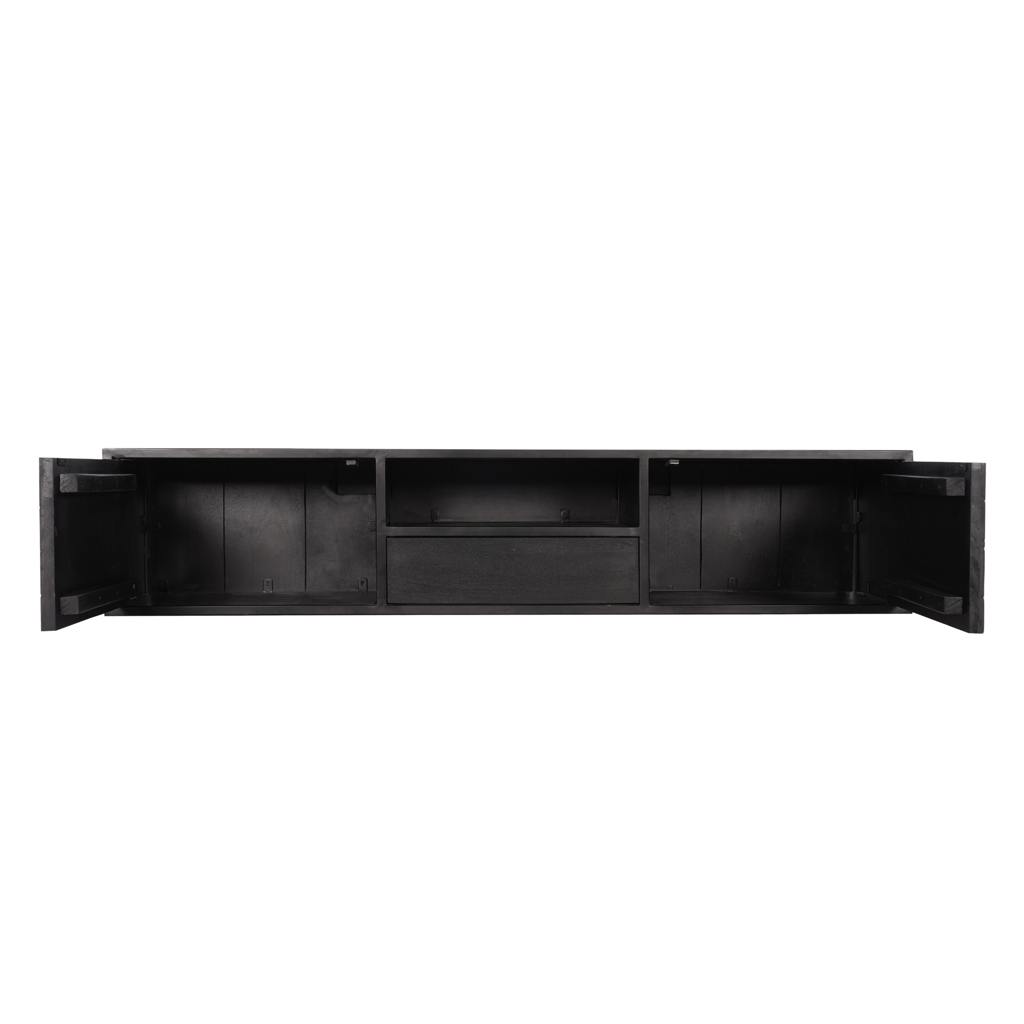 Schwebendes TV-Board Sydney – Mangoholz Schwarz, Fischgrät, 160 x 35 x 33 cm, Offenes Fach, Modernes Design