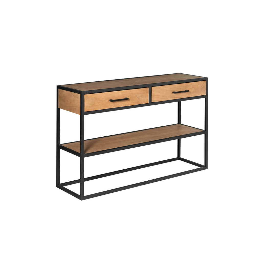 Beistelltisch Delta – Mangoholz & Metall mit 2 Schubladen & Ablage, 120 x 35 x 76 cm