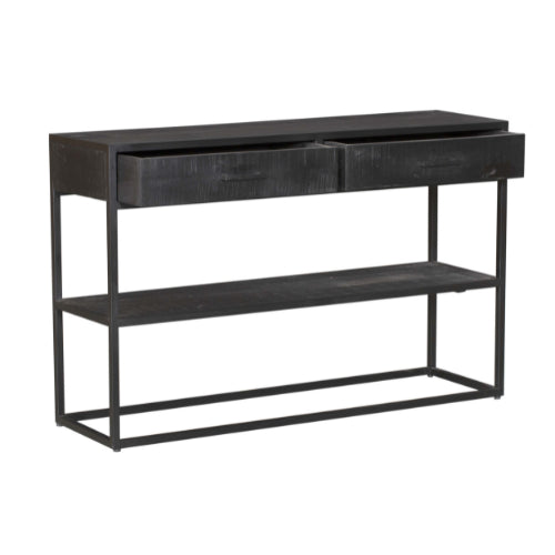 Konsolentisch Delta Schwarz – Tisch aus Mangoholz & Metall mit 2 Schubladen, Regalboden & schwarzen Griffen, 120 x 35 x 76 cm