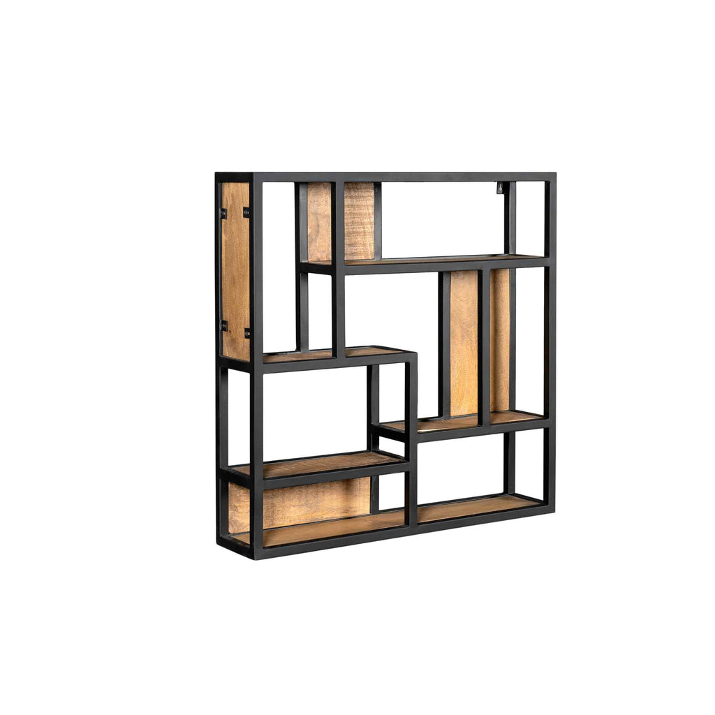 Wandregal Mango Schwarz – Regal aus massivem Mangoholz mit schwarzem Metallrahmen, 75 x 16 x 75 cm