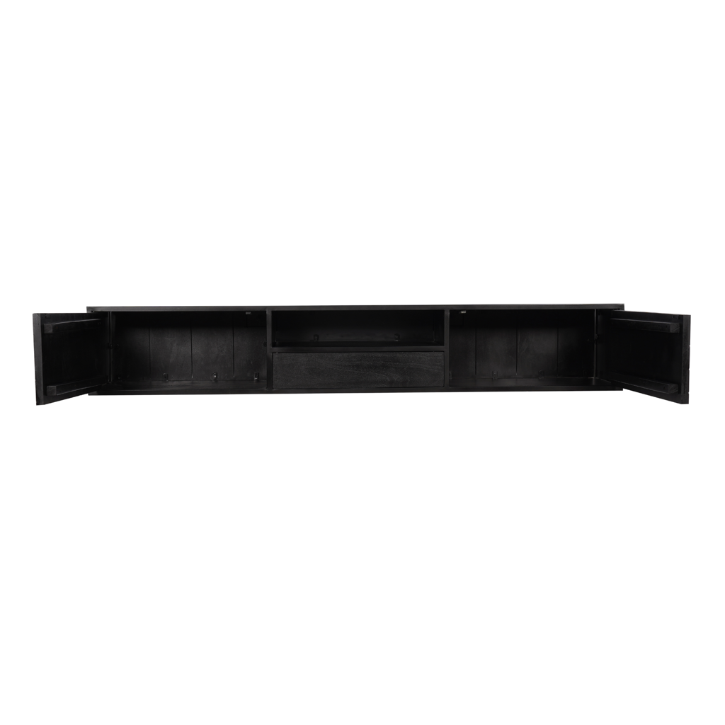 TV-Board Focus Schwarz – schwebendes Lowboard aus Mangoholz mit Fischgrätmuster & offenem Fach, 200 x 35 x 33 cm