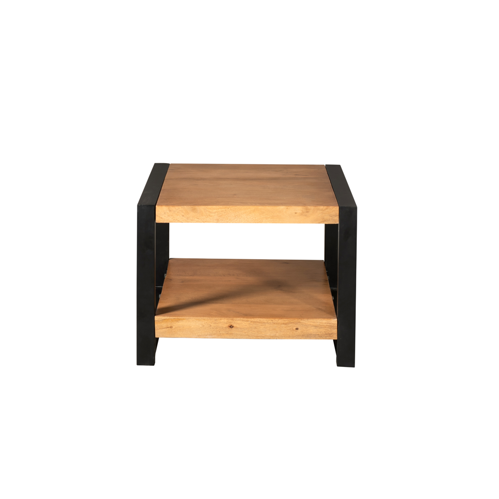 Beistelltisch Bori – Tisch aus Mangoholz & Metall mit Unterregal, klar lackiert, 60 x 60 x 45 cm