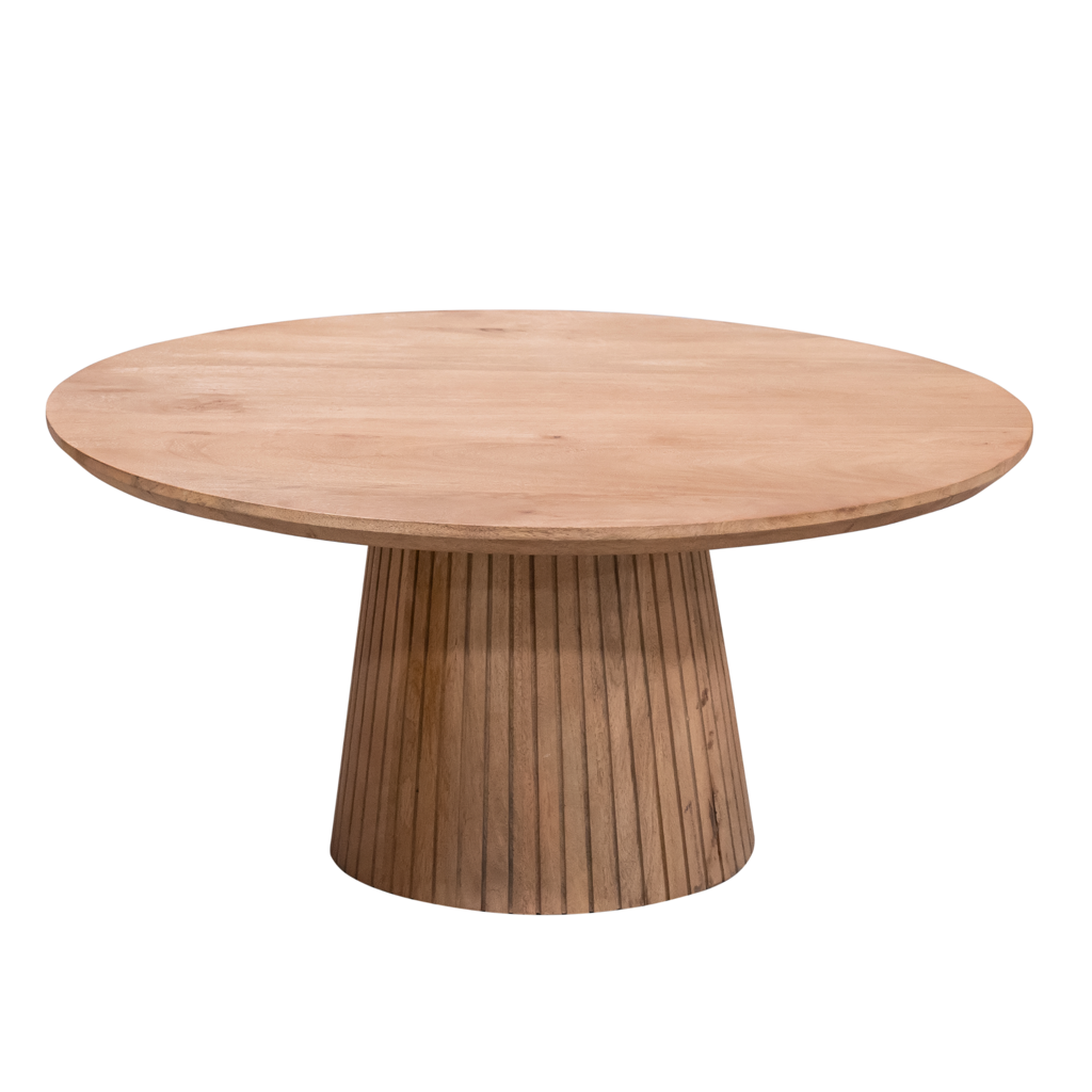 Couchtisch Sole Natur – Runder Wohnzimmertisch aus Mangoholz mit Lamellengestell, 80 x 80 x 38 cm, moderner Couchtisch