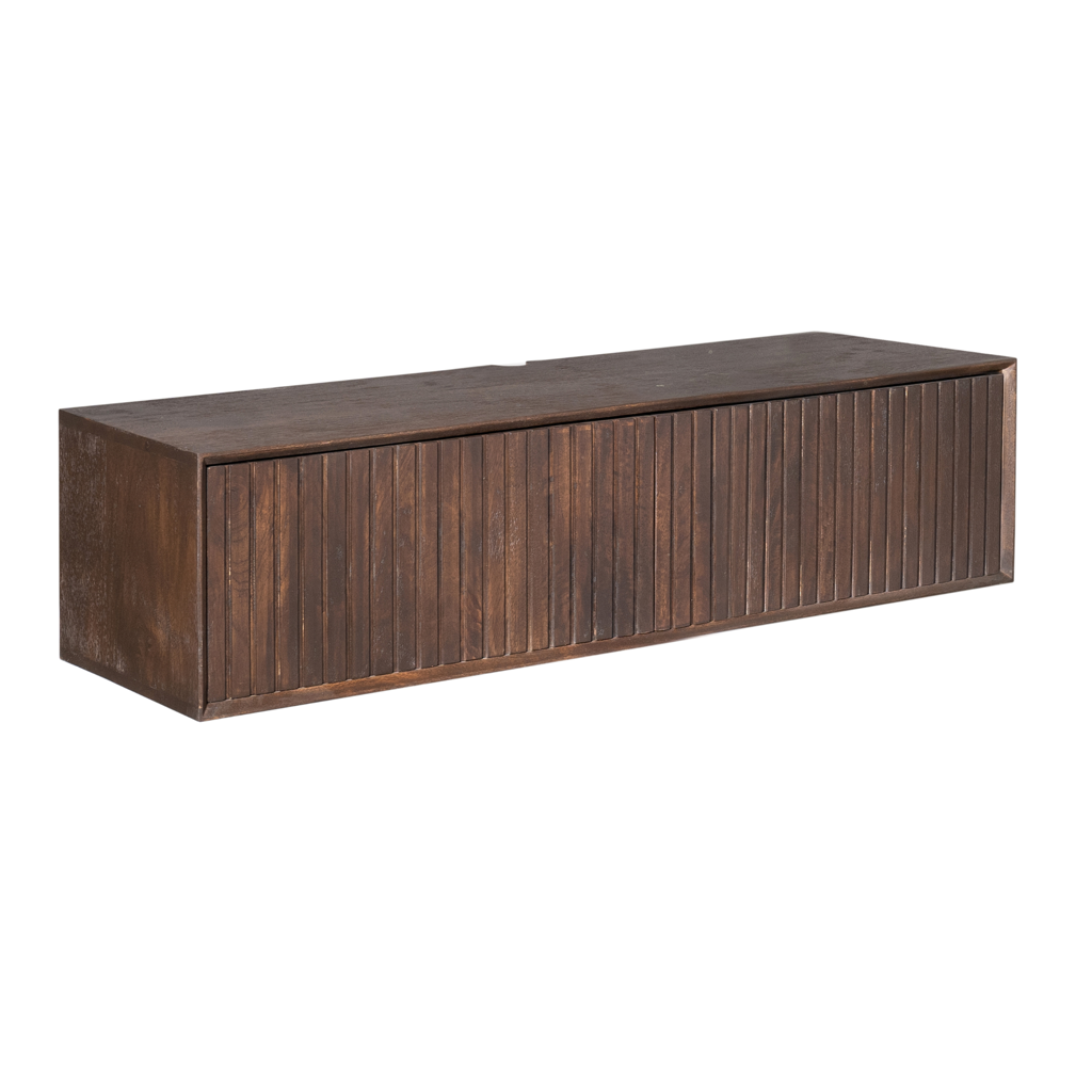 Schwebendes TV-Möbel Mandy Braun – Wand-TV-Board aus Mangoholz mit Lattenmuster & Push-to-Open, 120 x 35 x 30 cm