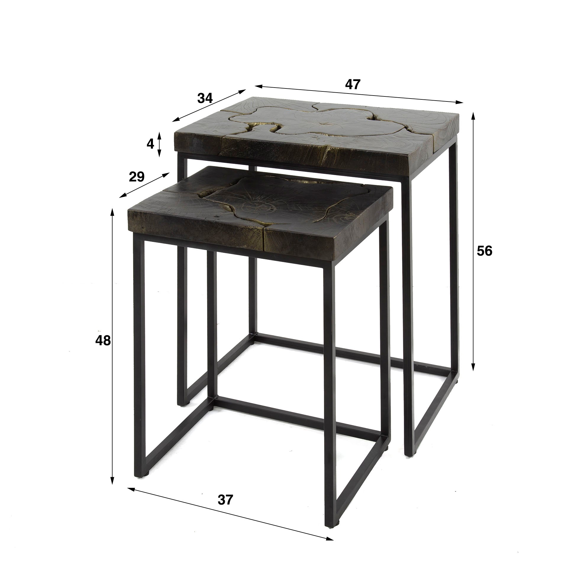 Beistelltisch Set/2 Aurelio – rechteckige Tische aus Teakholz mit Schwarz-Gold-Lackierung & Metallgestell, 47/34 cm