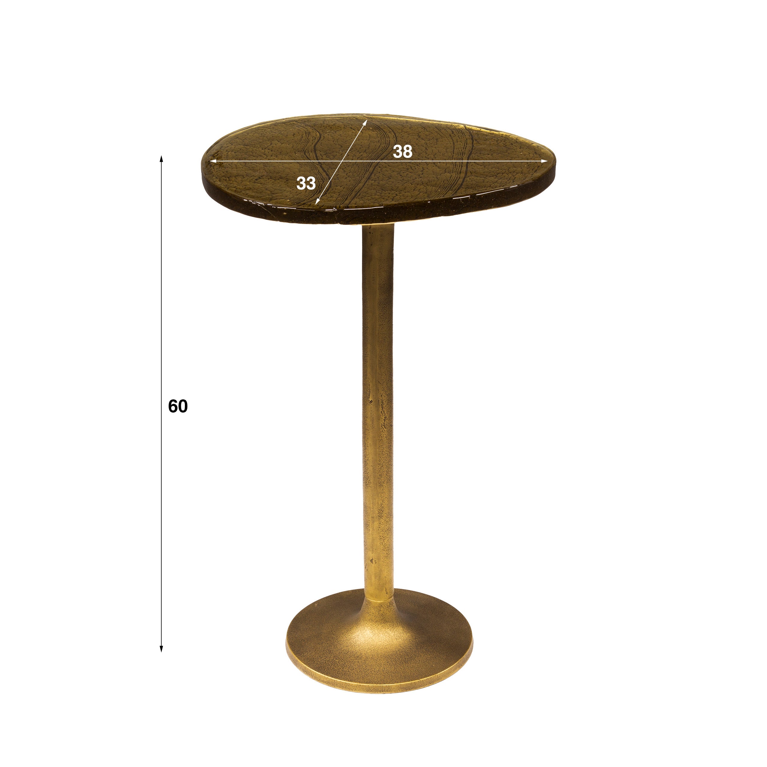 Beistelltisch Ondaro L – Glastisch mit gezogenem Glas & Metallgestell in Antikgold, 38 x 33 x 60 cm