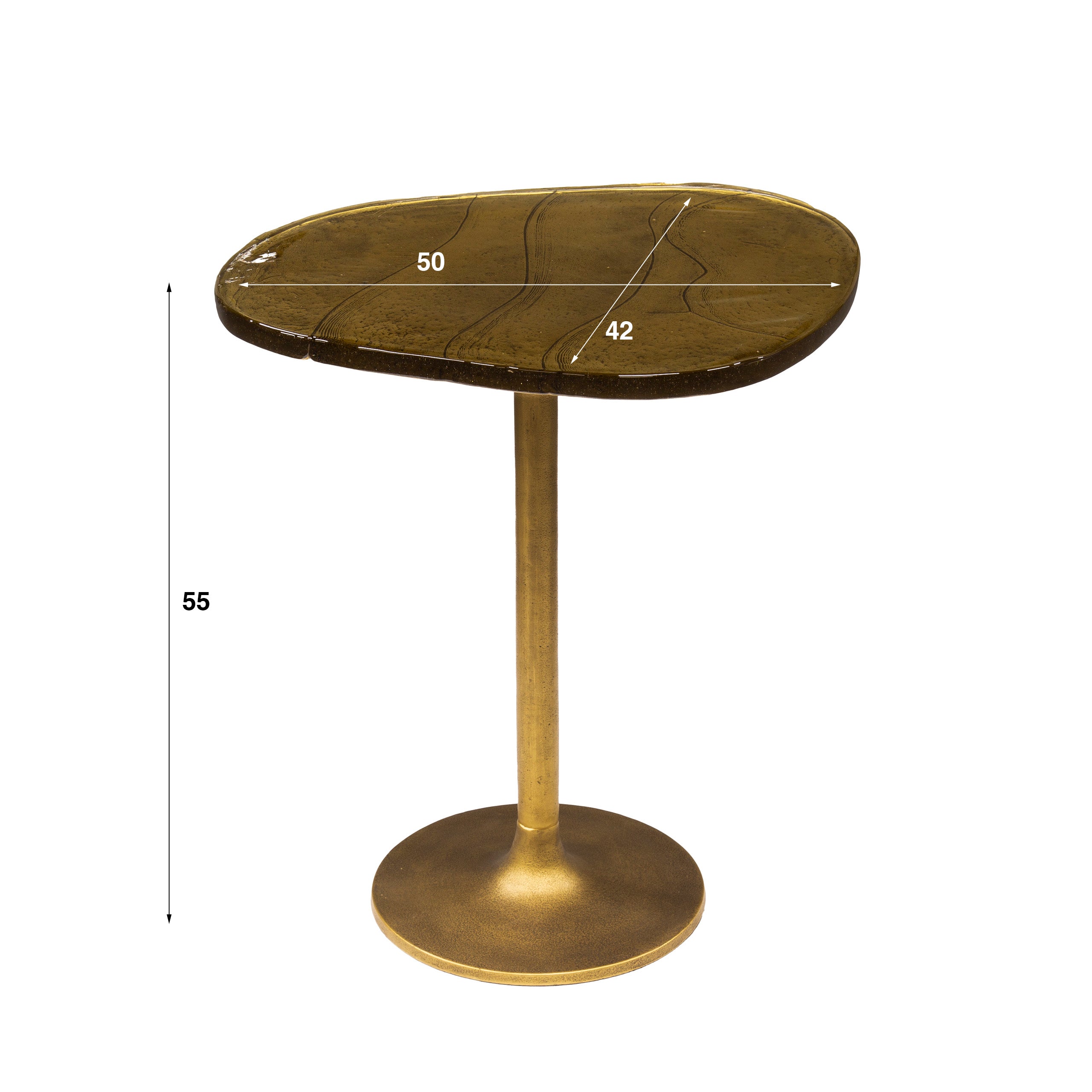 Beistelltisch Ondaro M – Glastisch mit gezogenem Glas & Metallgestell in Antikgold, 50 x 42 x 55 cm