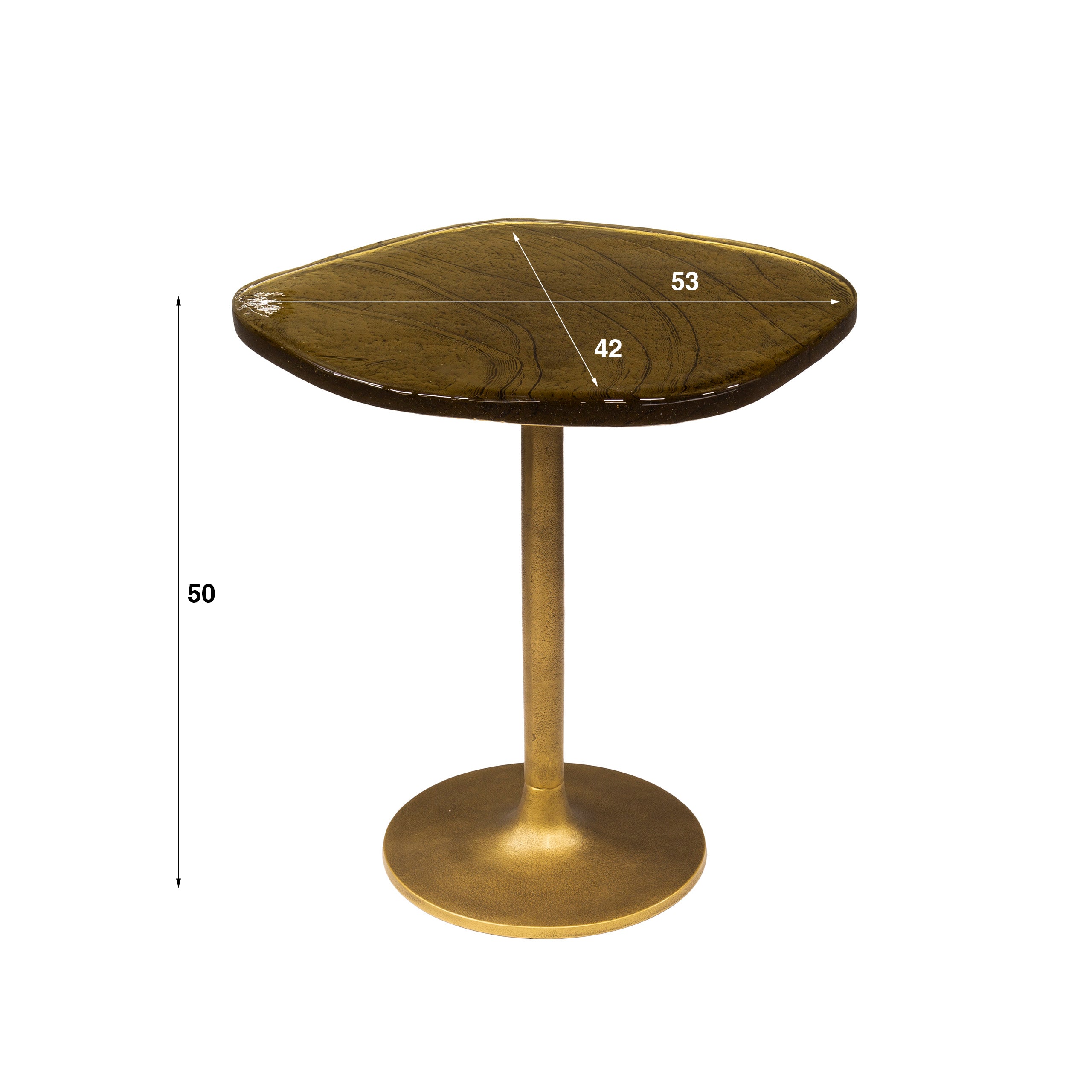 Beistelltisch Ondaro S – Glastisch mit gezogenem Glas & Metallgestell in Antikgold, 53 x 42 x 50 cm