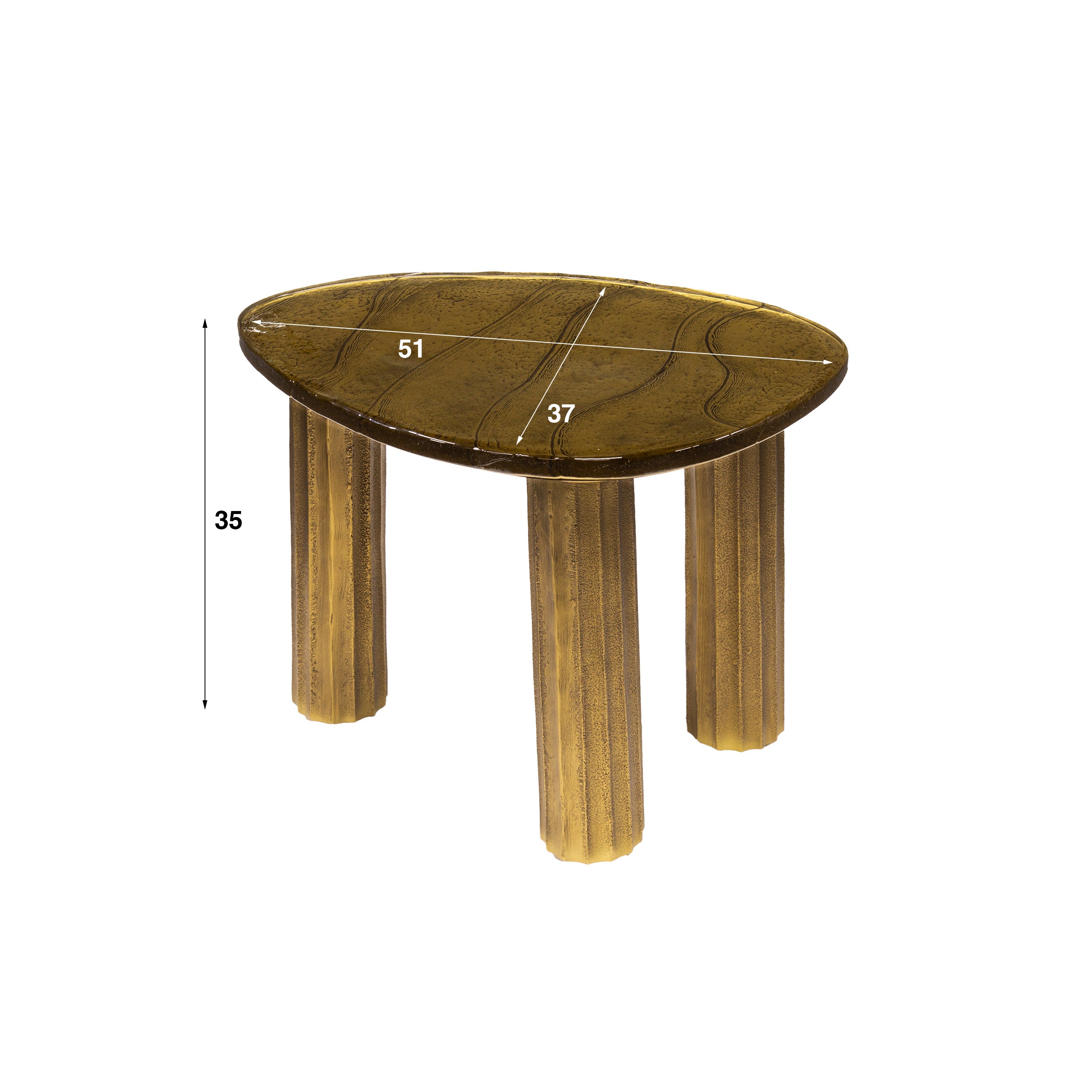 Couchtisch Ondaro S – Glastisch mit gezogenem Glas & Metallgestell in Antikkupfer, 51 x 37 x 35 cm