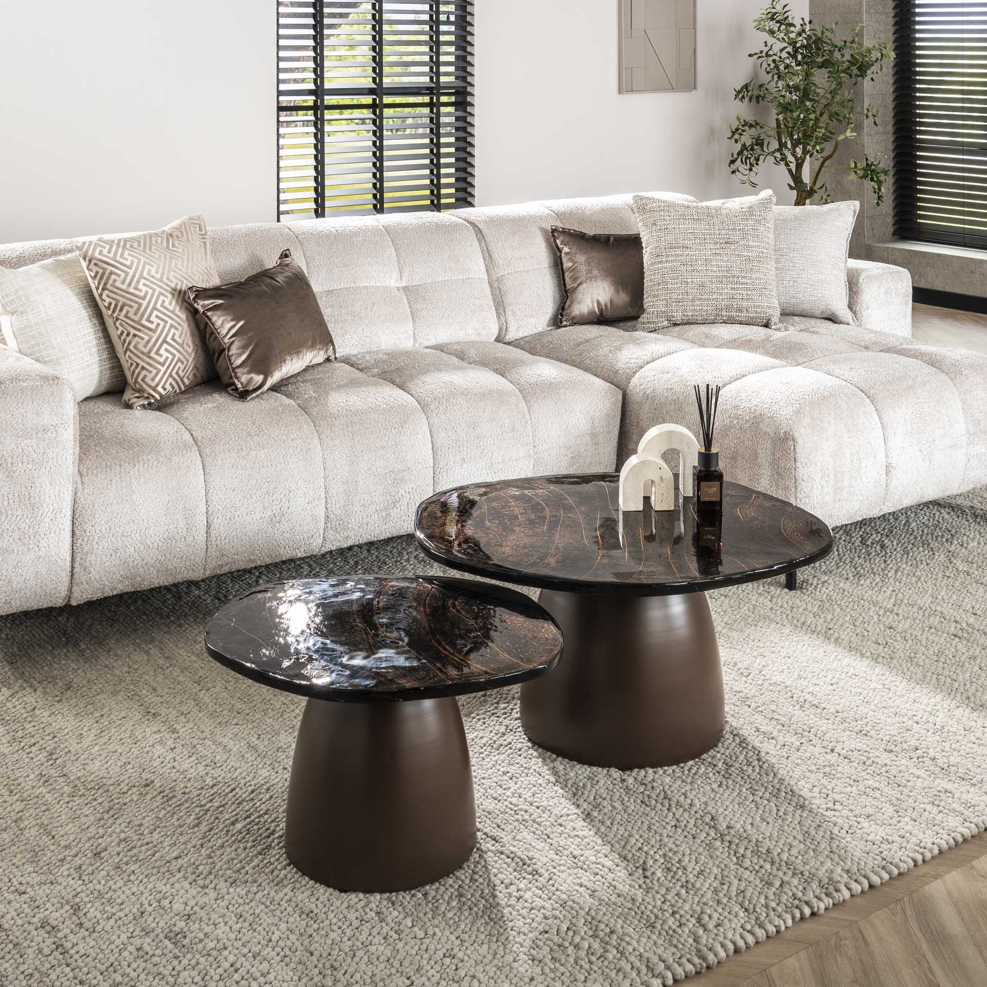 Couchtisch-Set Ondaro – 2er-Set Glastische mit gezogenem Glas & Metallgestell, Antikgold, 80 x 70 x 40 cm