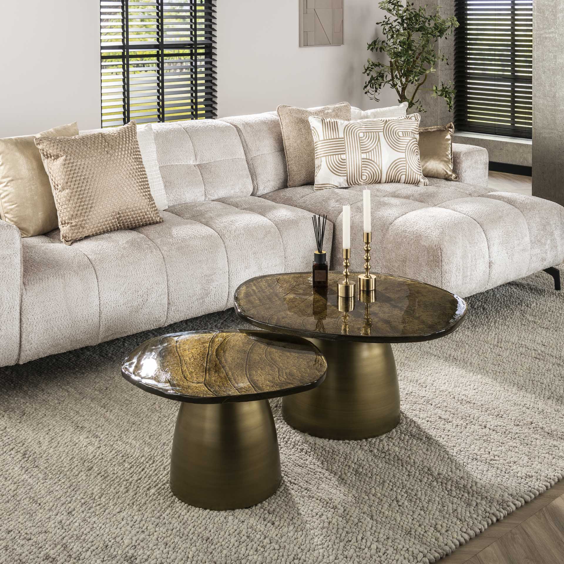 Couchtisch-Set Ondaro – 2er-Set Glastische mit gezogenem Glas & Metallgestell, Antikkupfer, 80 x 70 x 40 cm