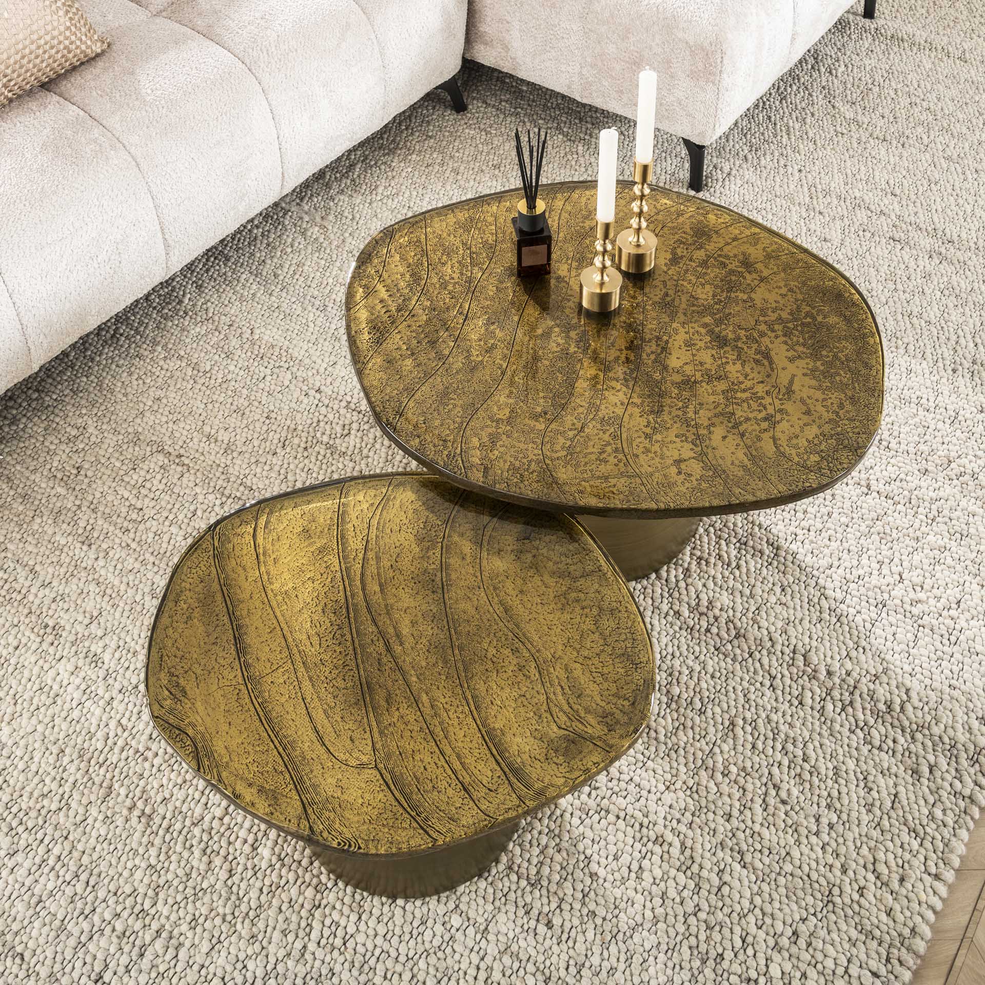 Couchtisch-Set Ondaro – 2er-Set Glastische mit gezogenem Glas & Metallgestell, Antikkupfer, 80 x 70 x 40 cm