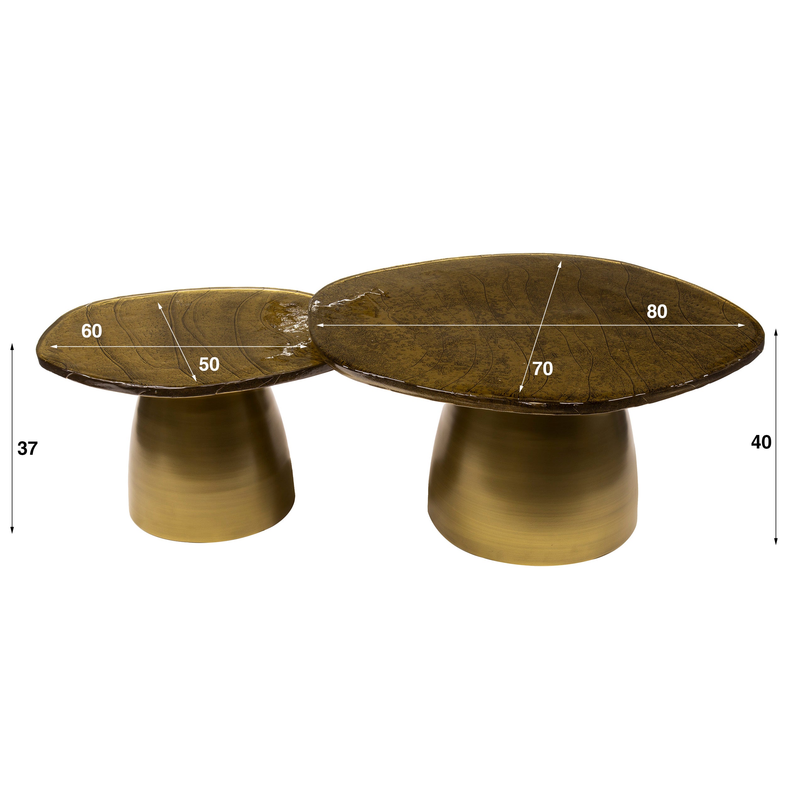 Couchtisch-Set Ondaro – 2er-Set Glastische mit gezogenem Glas & Metallgestell, Antikkupfer, 80 x 70 x 40 cm