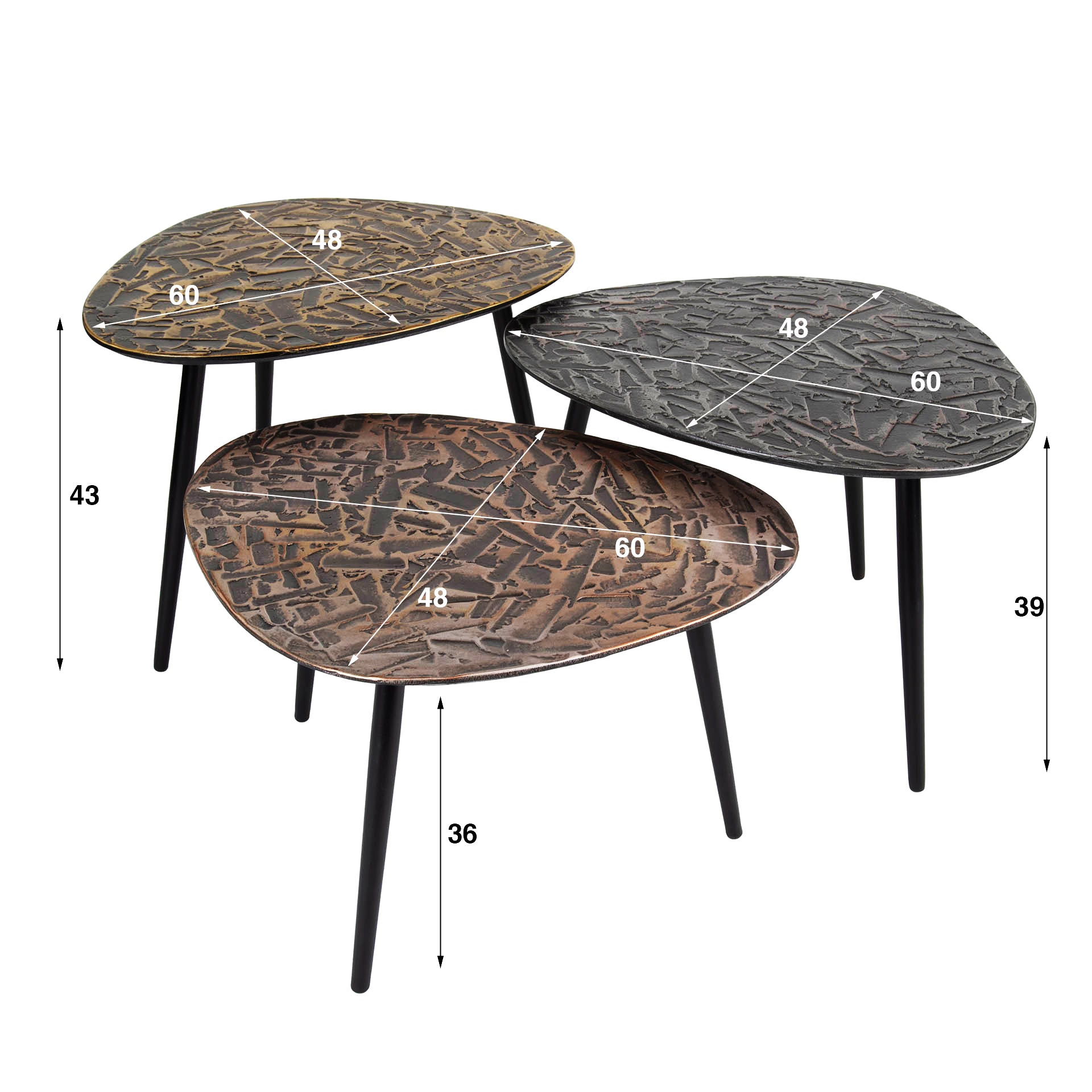 Couchtisch-Set Triaro – 3er-Set dreieckige Tische aus Patina-Metall in Silber/Kupfer/Gold, modernes Design, 60 x 48 x 43 cm