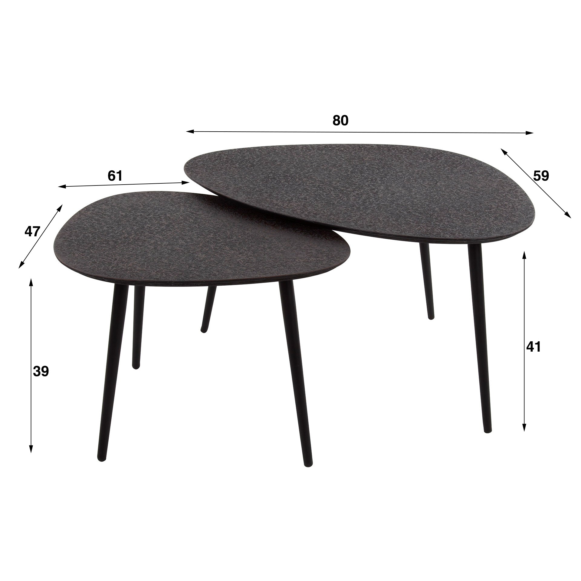 Couchtisch-Set Quadaro – 2er-Set dreieckige Tische aus Metall in Schwarz, modernes Metallic-Design, 80 x 59 x 41 cm