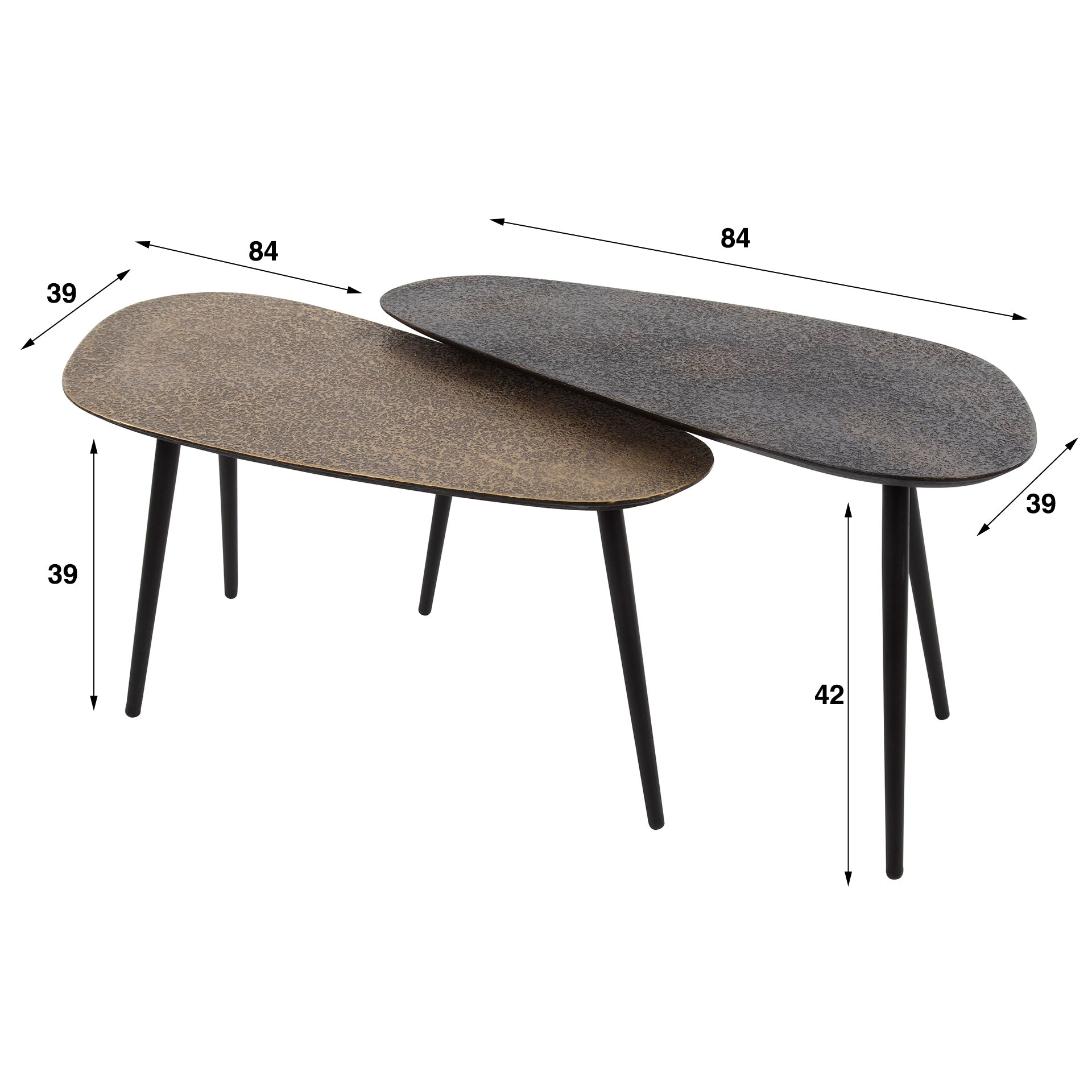 Couchtisch-Set Quadaro – 2er-Set Nierenform aus Metall in Altbronze/Gold & Schwarz, modernes Design, 84 x 39 x 42 cm