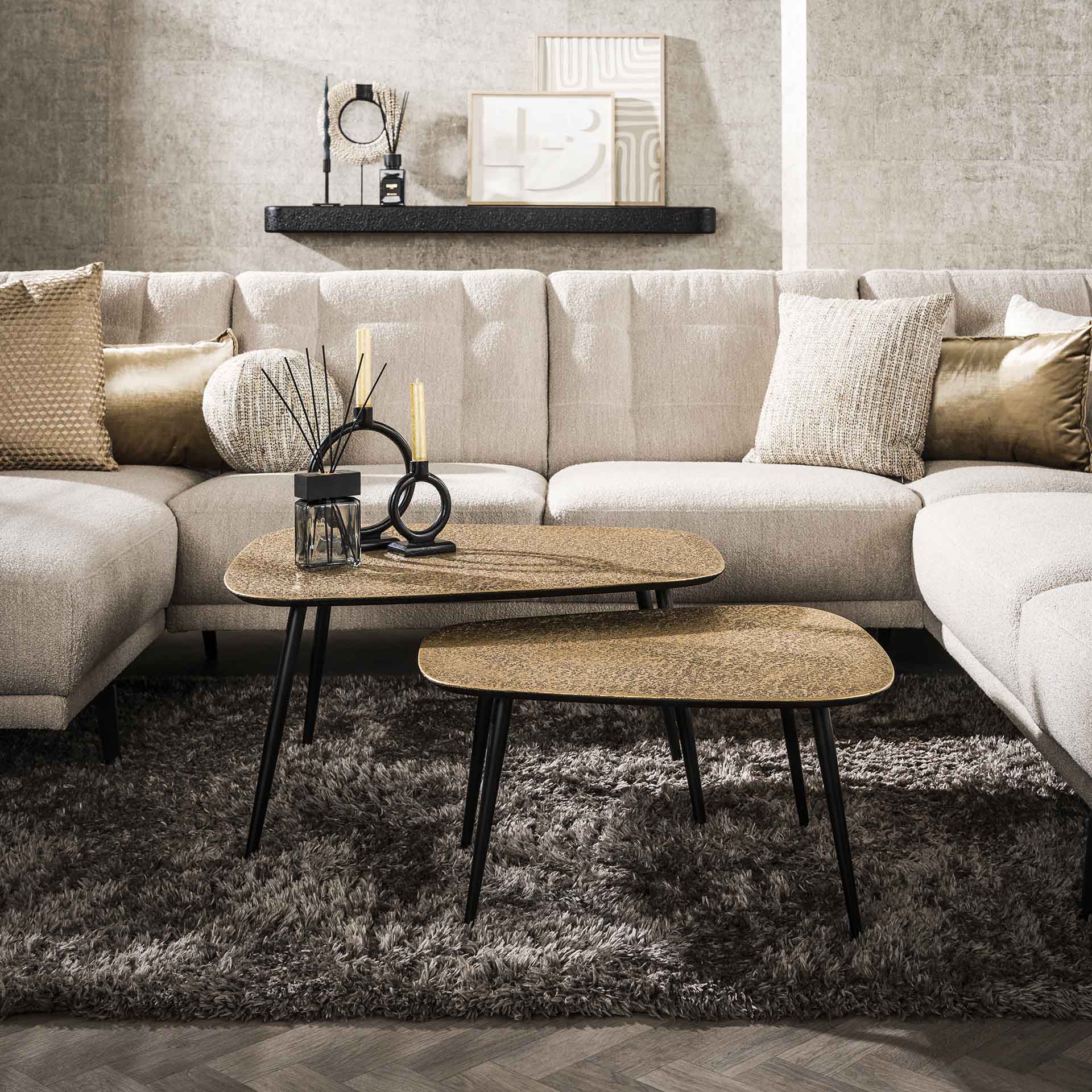 Couchtisch-Set Velano – 2er-Set XXL Tische aus Metall in Antikbronze/Gold, modernes Design, 80 x 70 x 42 cm / 66 x 58 x 35 cm
