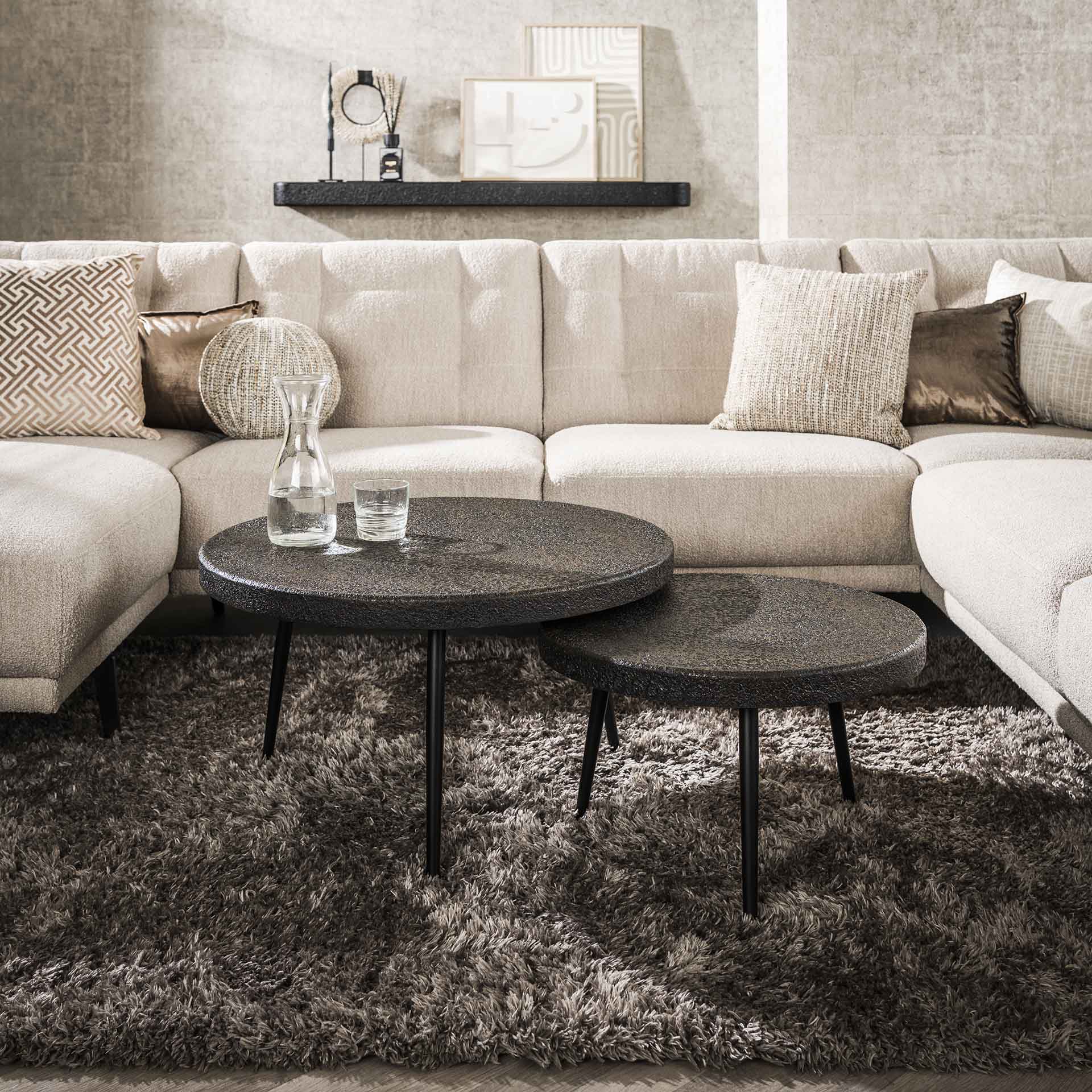 Couchtisch-Set Castaro – 2er-Set runde Tische aus flüssigem Metall in Bronze-Braun, modernes Design, Ø74/55 x 42/35 cm
