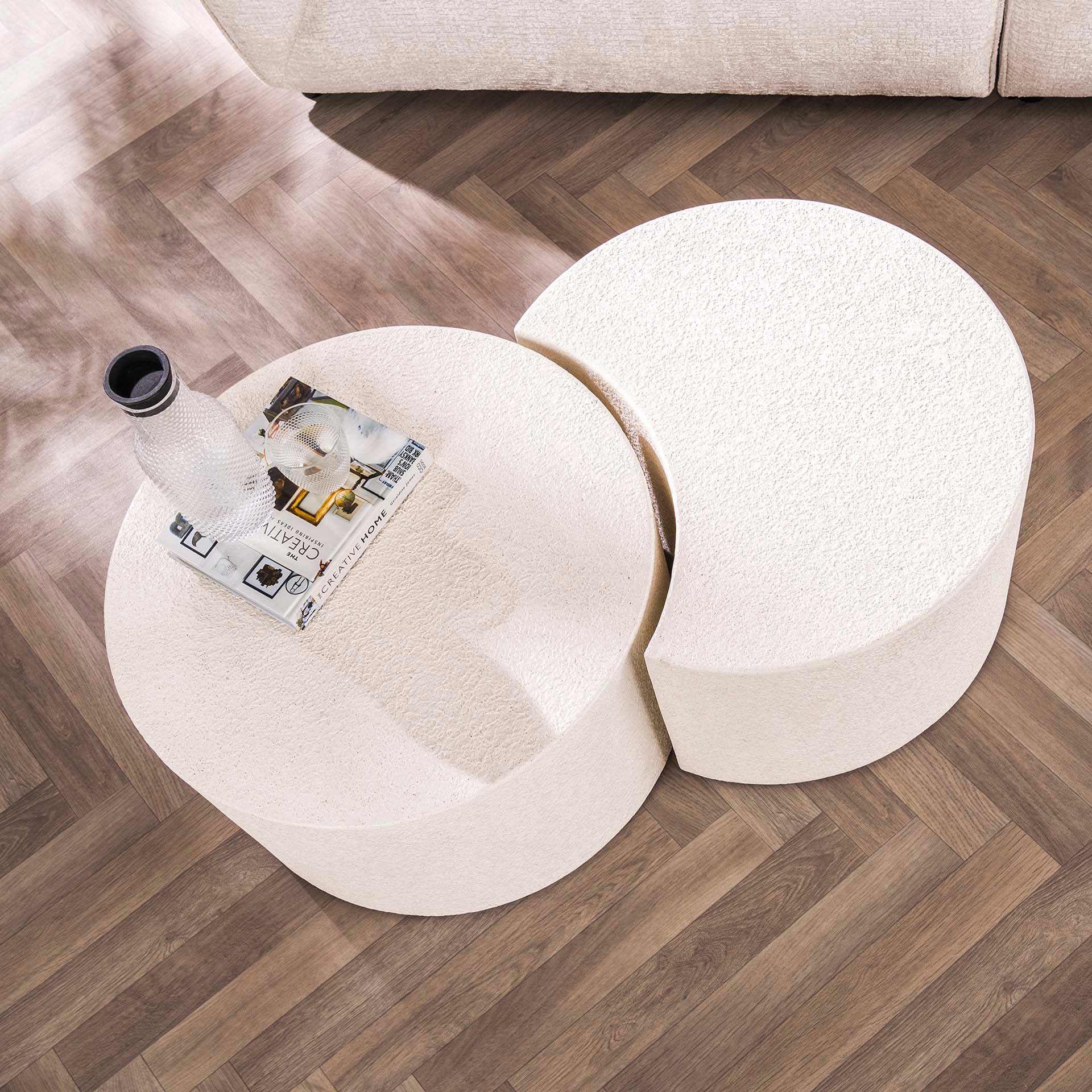 Couchtisch-Set Stella – 2er-Set Tische aus Marmorkomposit in Vollmond- & Halbmondform, modernes Design, 60 cm Ø / 60 x 41 cm