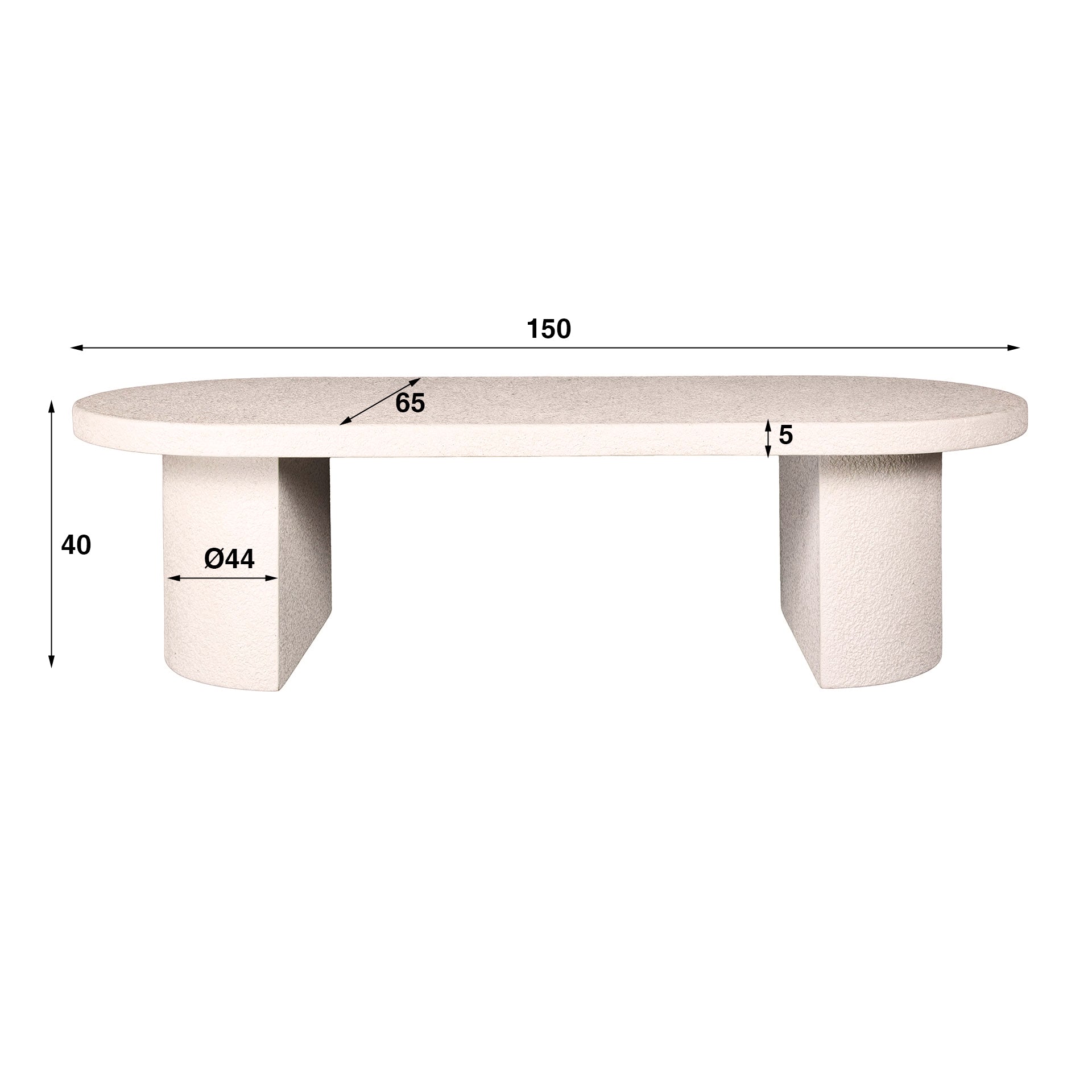 Couchtisch Arcano – Marmorkomposit Tisch mit halbmondförmigen Säulenbeinen, modernes Design, 150 x 65 x 40 cm