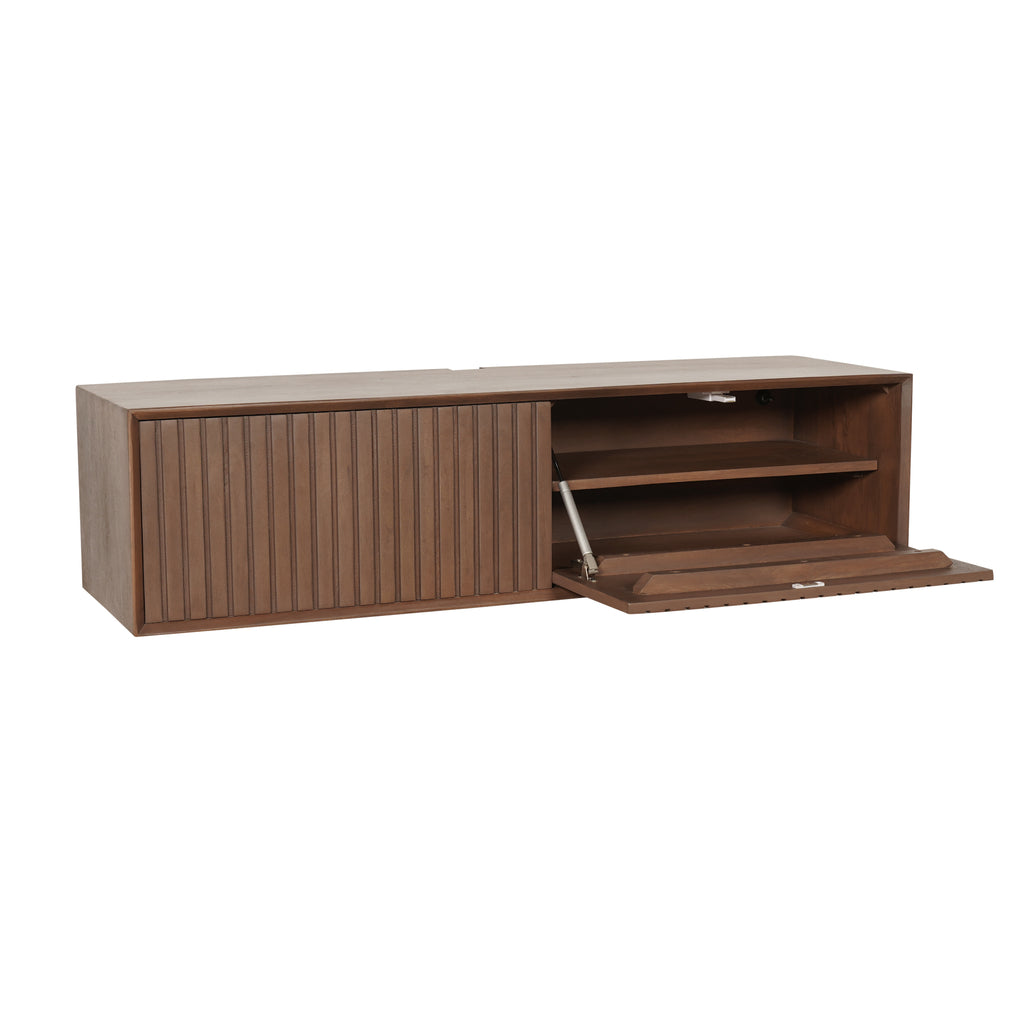 Schwebendes TV-Board Mandy Sand – Mangoholz mit Lattenmuster, 120 x 35 x 30 cm, modernes Design & luftige Eleganz fürs Wohnzimmer