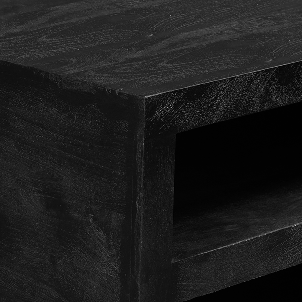 Couchtisch Bali Schwarz – Quadratischer Tisch aus Mangoholz mit schwarzer Oberfläche & Stauraum, 80 x 80 x 40 cm