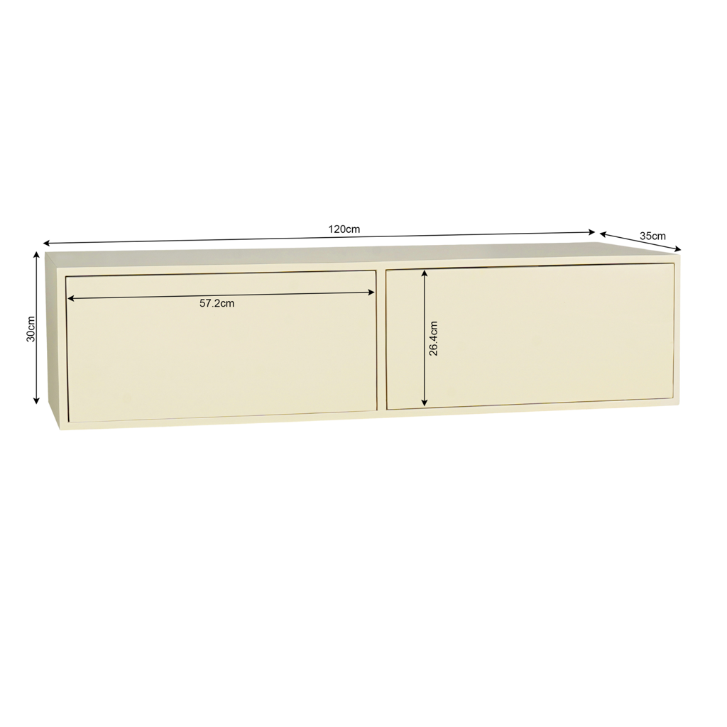 TV-Board Focus Sand – Schwebendes Lowboard aus Mangoholz mit Push-to-Open Türen, 120 x 35 x 30 cm
