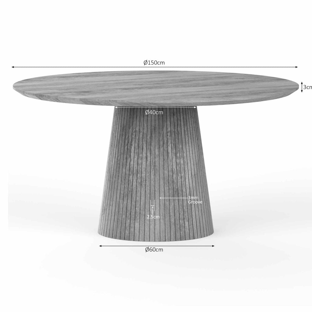 Runder Esstisch Sole – Mangoholz, 150 x 150 x 76 cm, modernes Bein mit vertikalem Lattenmuster