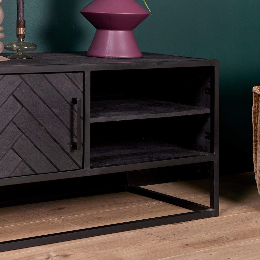 TV-Möbel Sydney Schwarz – Mangoholz mit Fischgrätmuster & Metallgestell, 100 x 45 x 50 cm