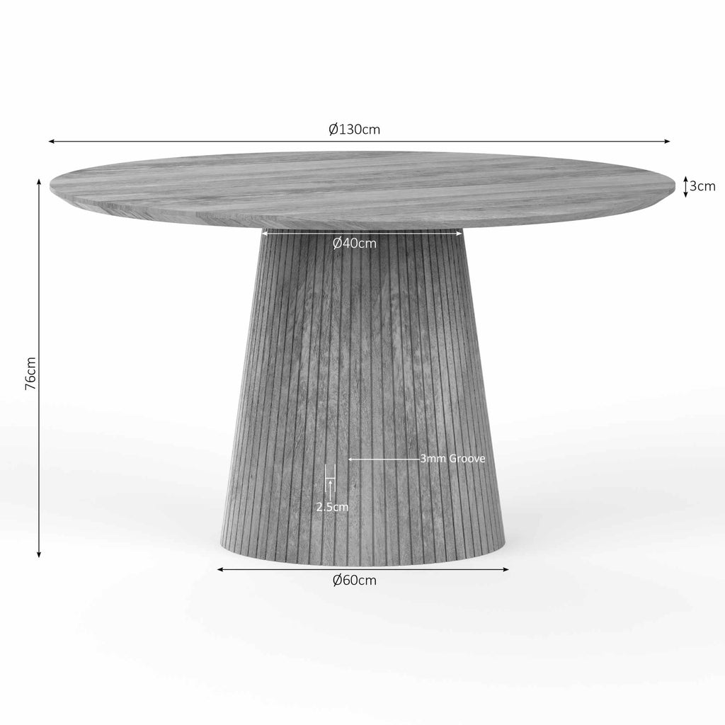 Esstisch Sole – Mangoholz, rund 130 x 130 x 76 cm, modernes Bein mit vertikalem Lattenmuster